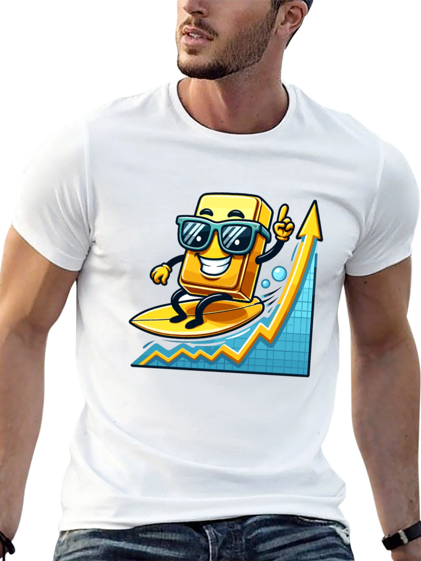 Surfing Gold Bull Graphic T-Shirt - Trendy Investment Tee