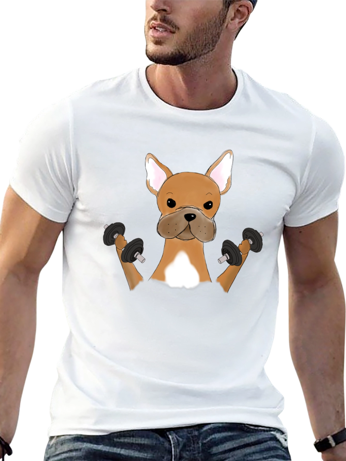 Funny Bulldog Lifting Weights Graphic T-Shirt