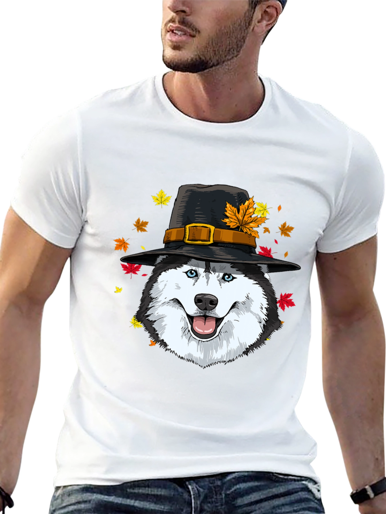Thanksgiving Husky Pilgrim Hat T-Shirt