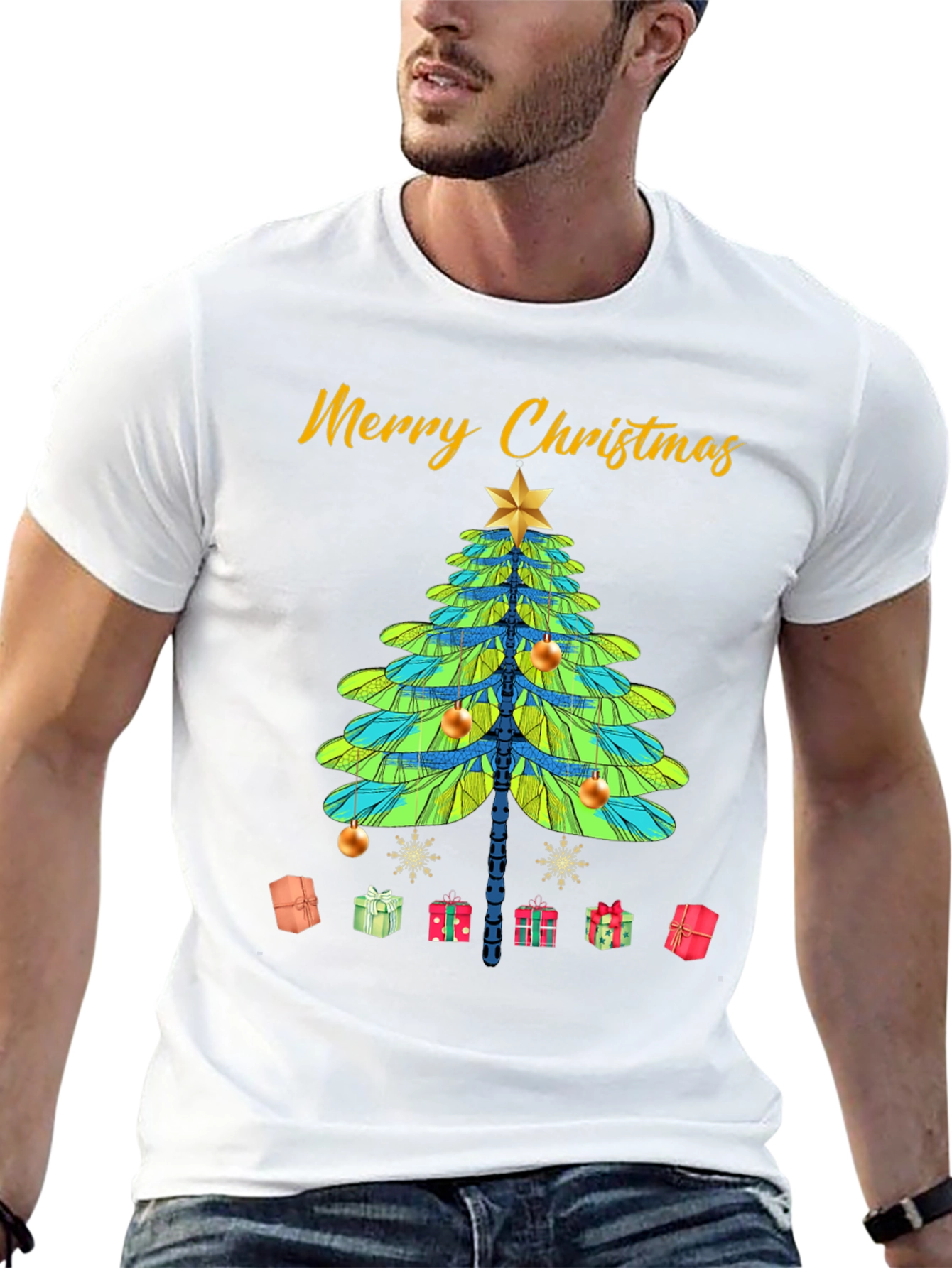 Merry Christmas T-Shirt with Dragonfly Christmas Tree