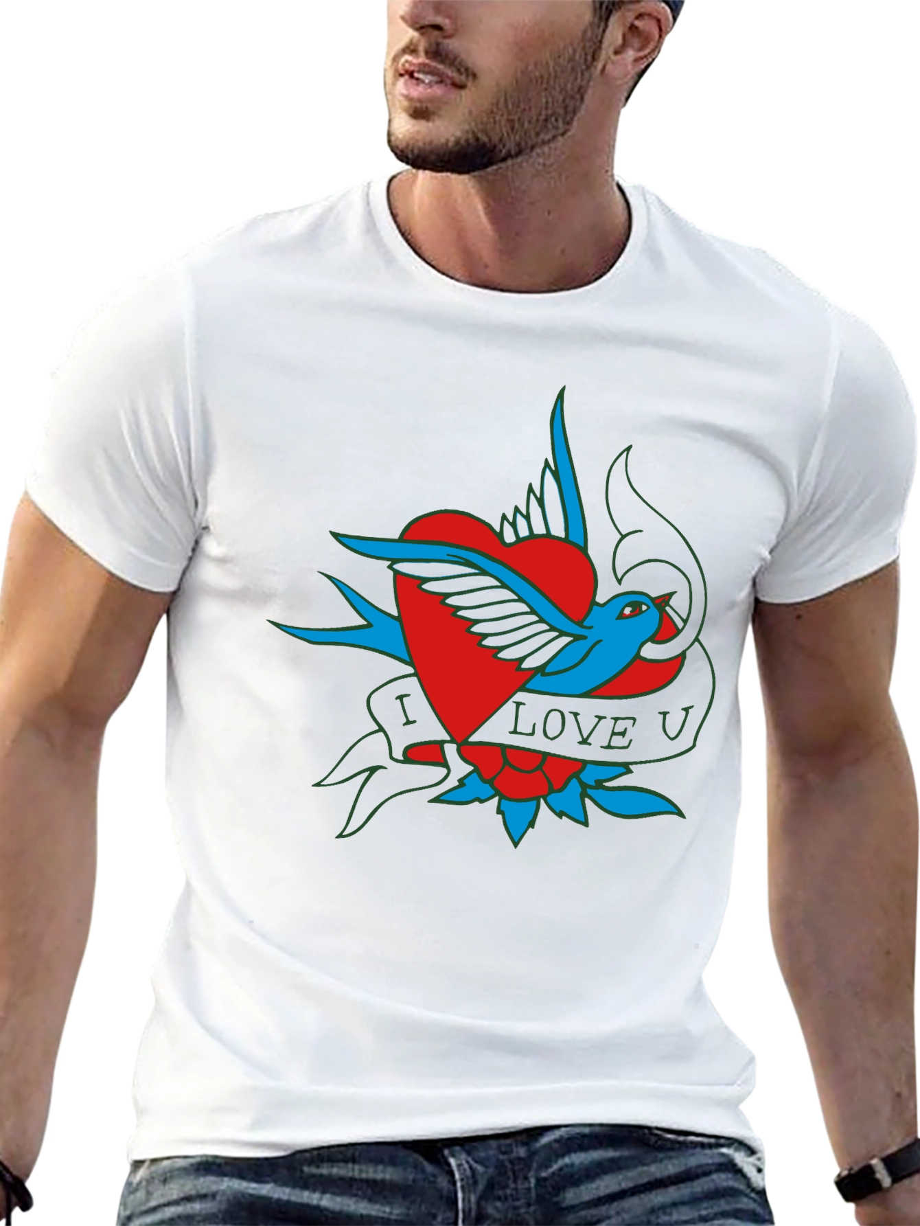 Black I Love U Bird Heart Graphic T-Shirt