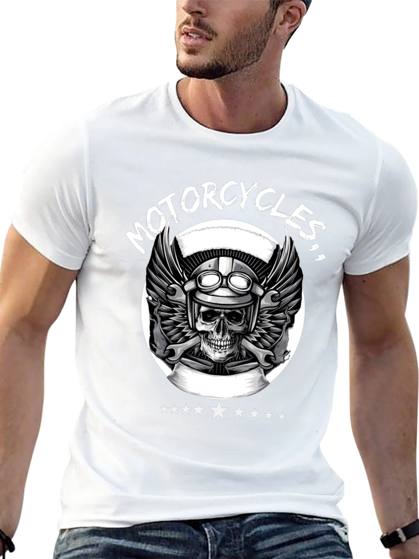 Motorcycle Skull Graphic Tee - Black Biker T-Shirt