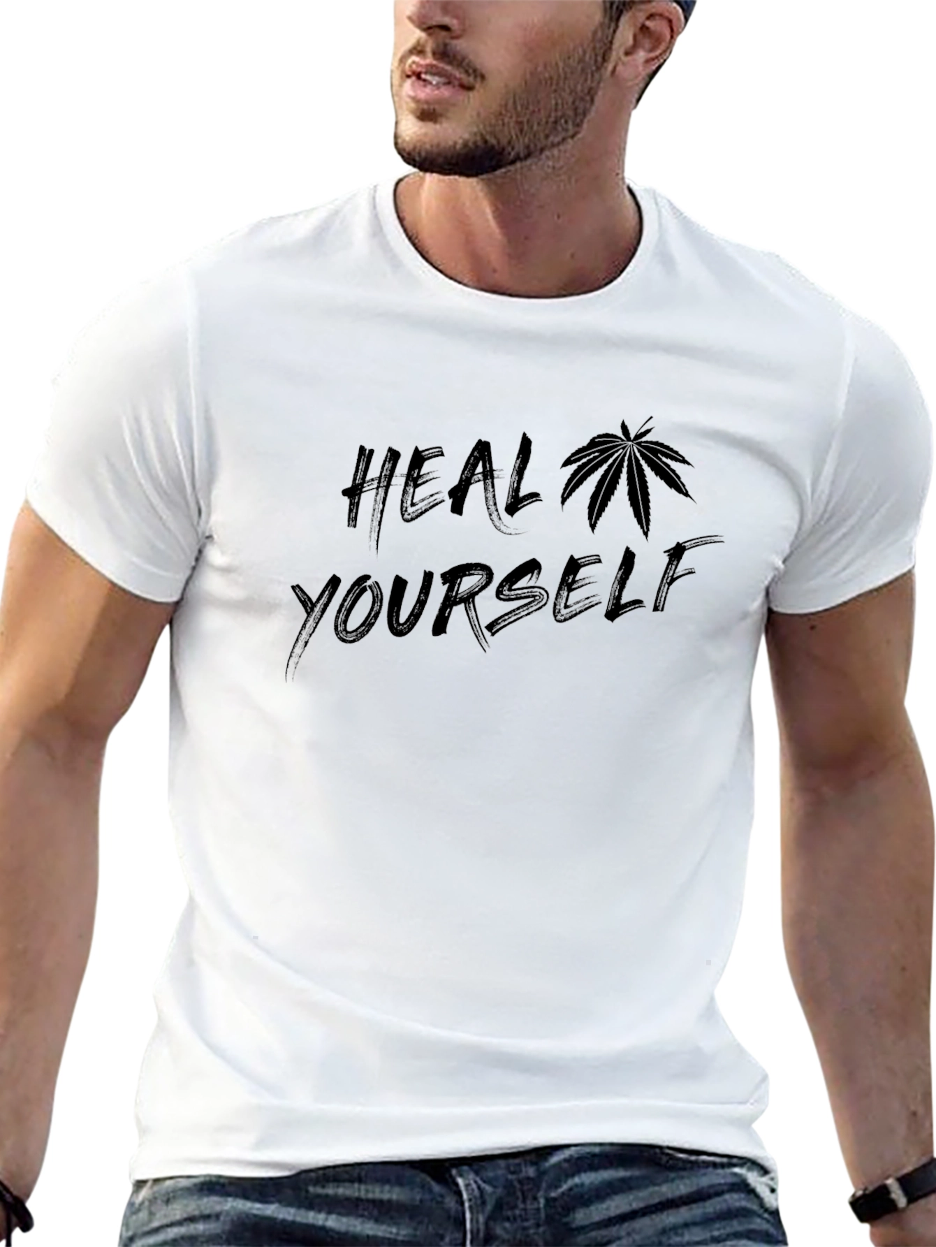 Heal Yourself T-Shirt with Cannabis Leaf Design - Black