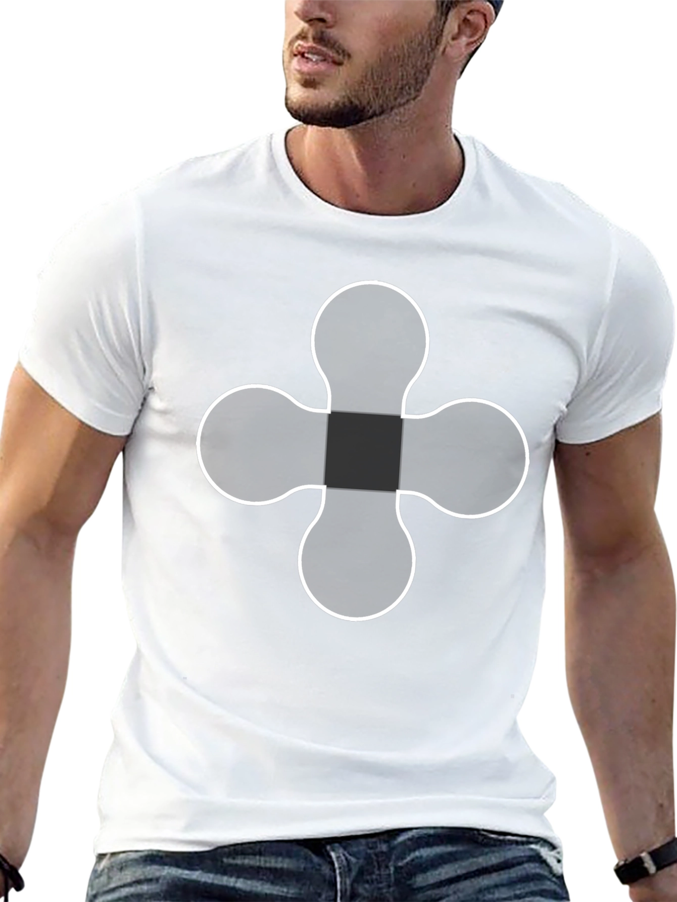 Black T-Shirt with White Four-Leaf Clover Design