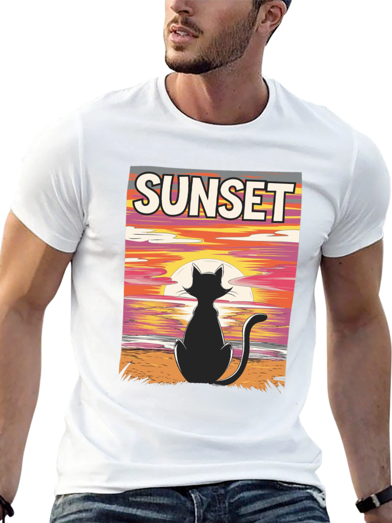 Sunset Cat Graphic Tee - Stylish Black T-Shirt