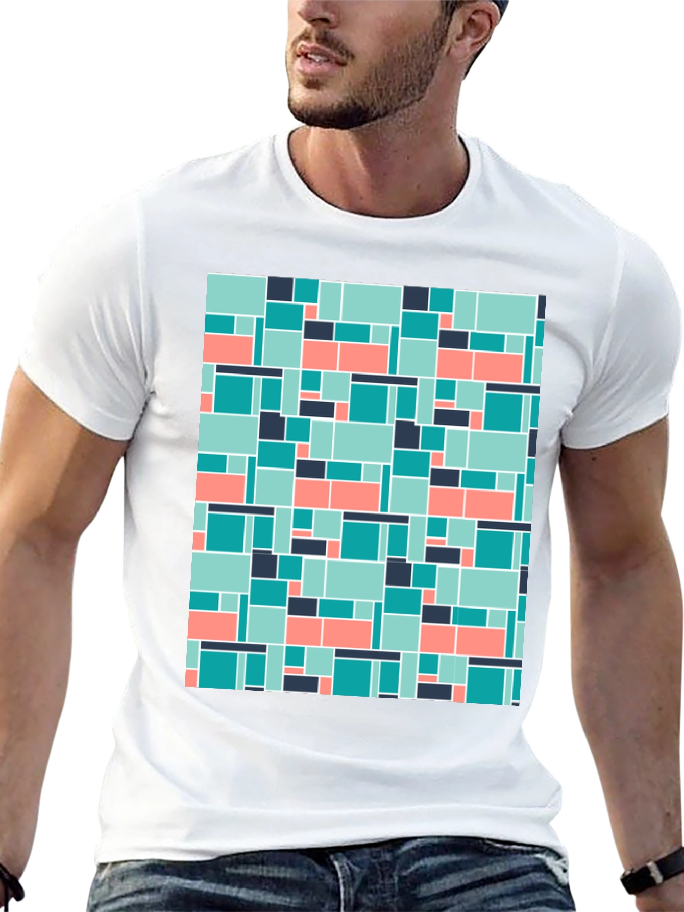 Geometric Block Pattern Mens Black Tee