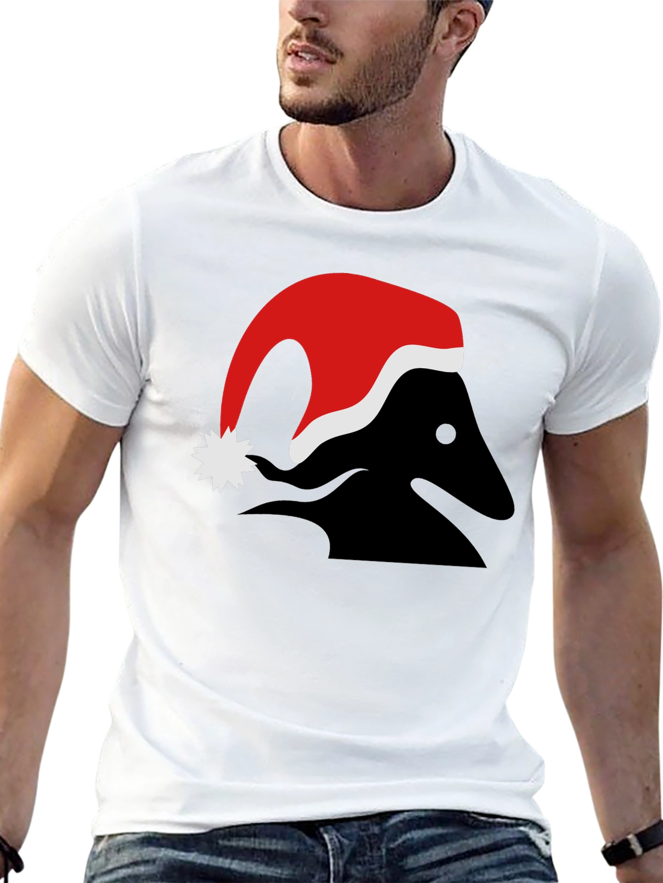 Festive Black T-Shirt with Santa Hat Design