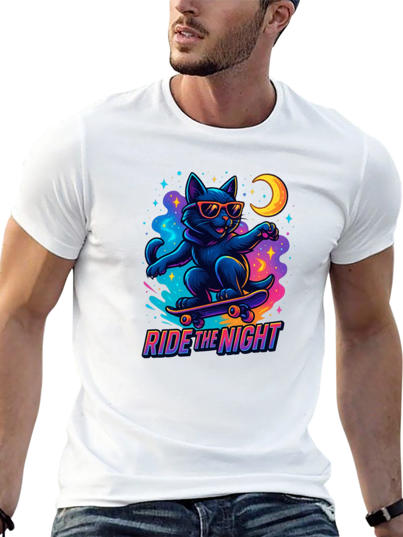 Ride the Night Black Cat Skateboard T-Shirt