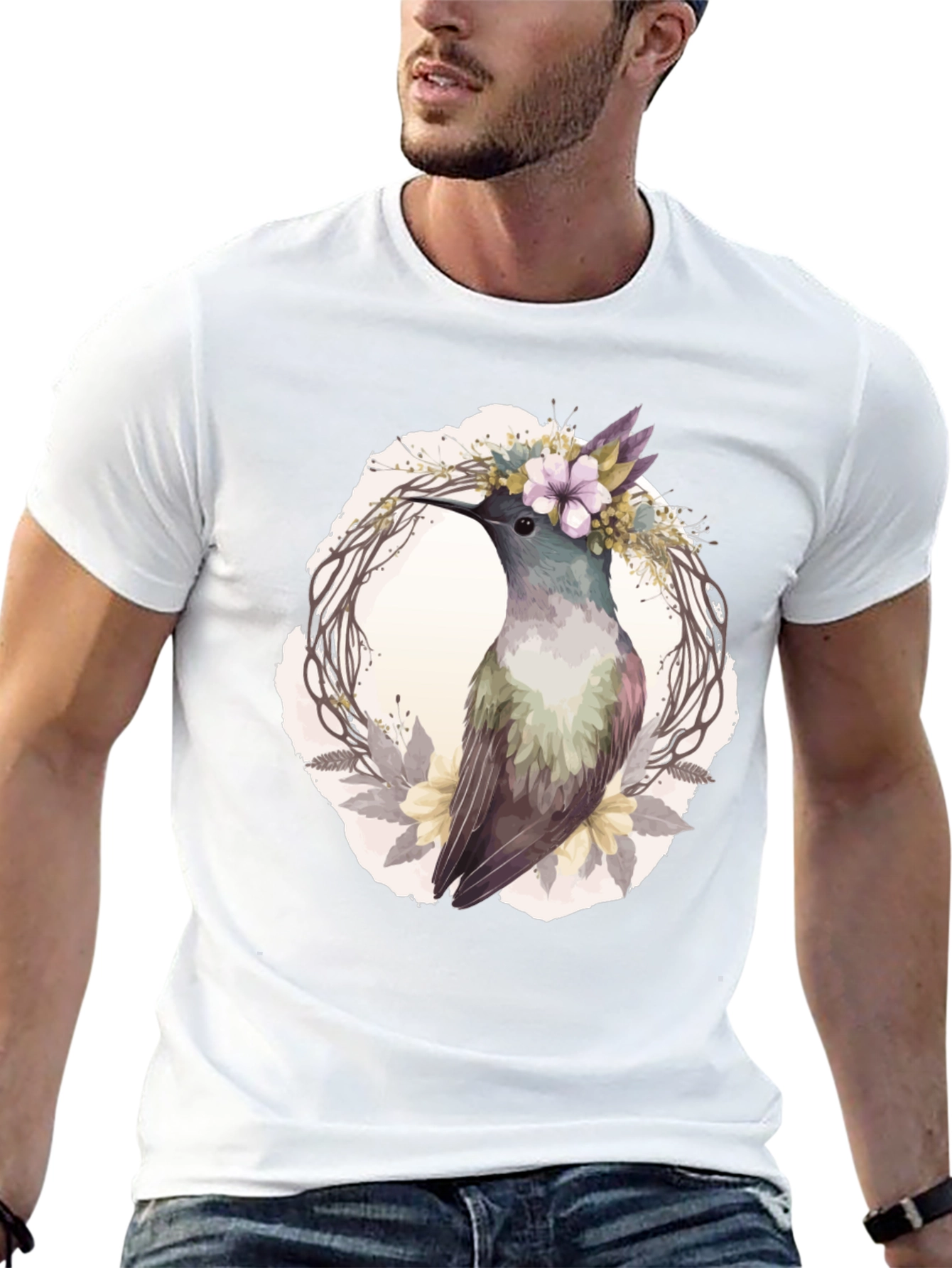 Hummingbird Floral Wreath T-Shirt - Nature Lover Tee