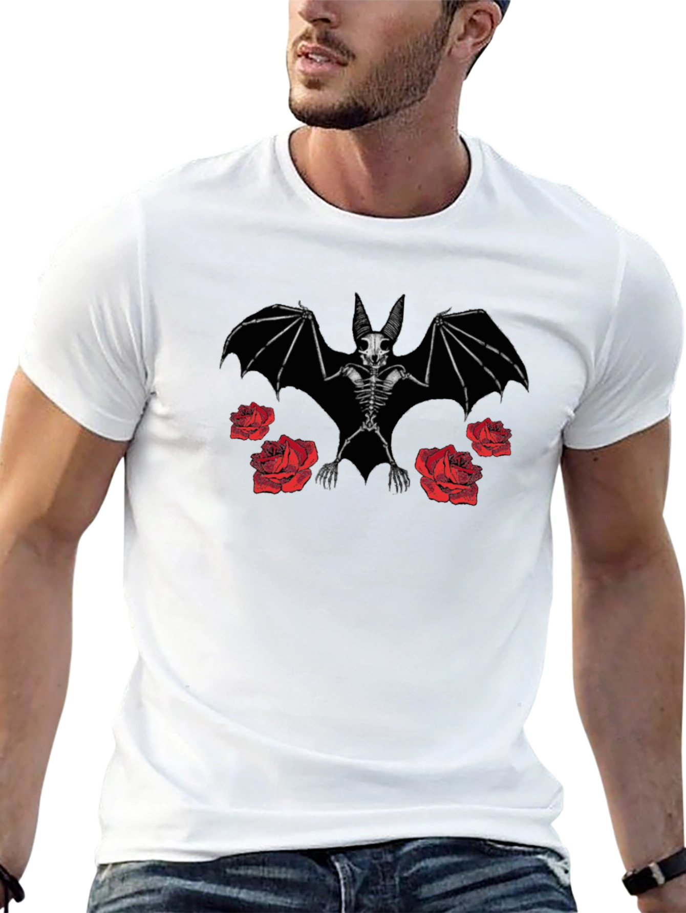 Bat Skeleton and Roses Graphic Print Black T-Shirt