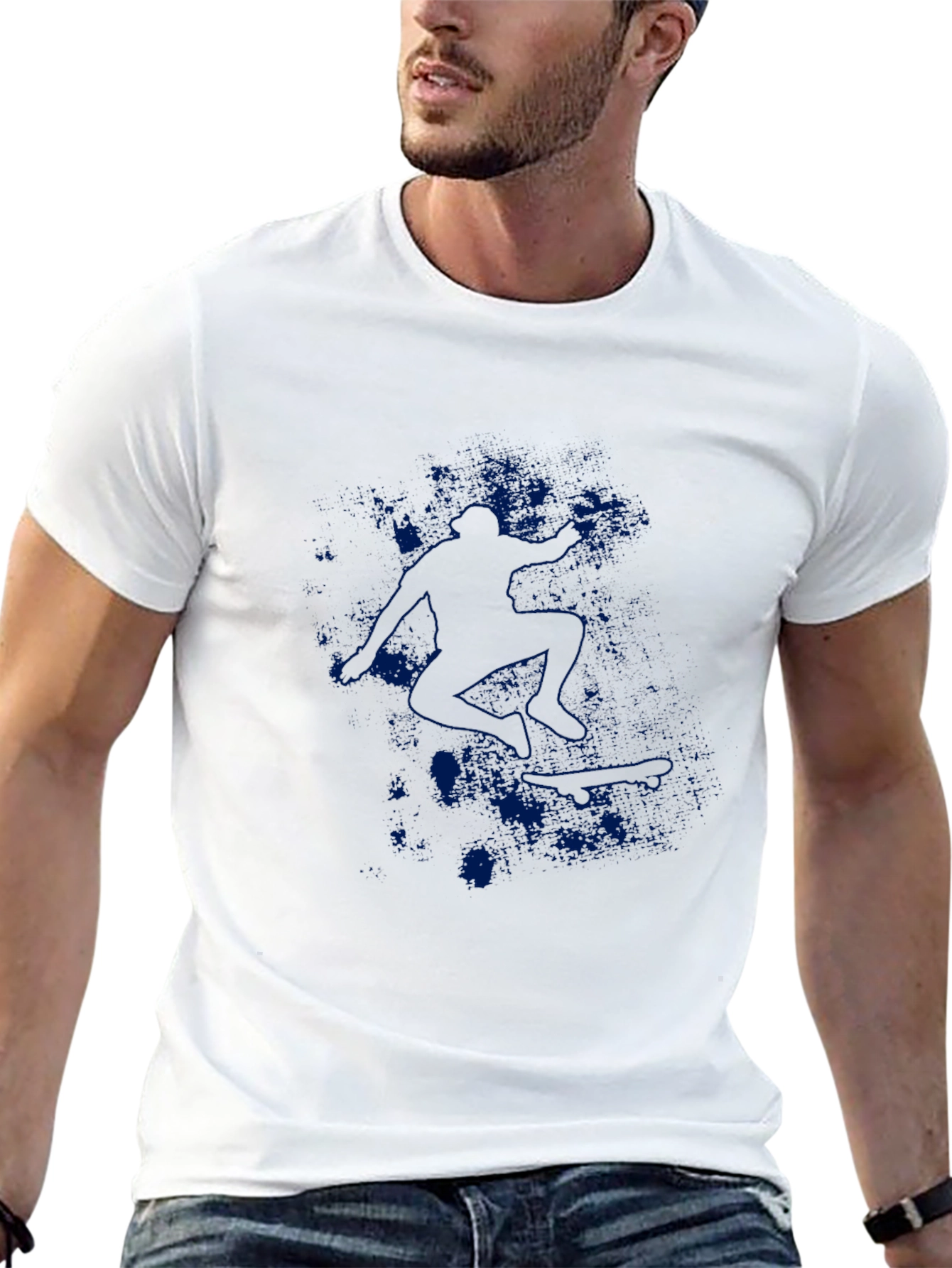 Mens Black Graphic Tee - Blue Skateboarder Design