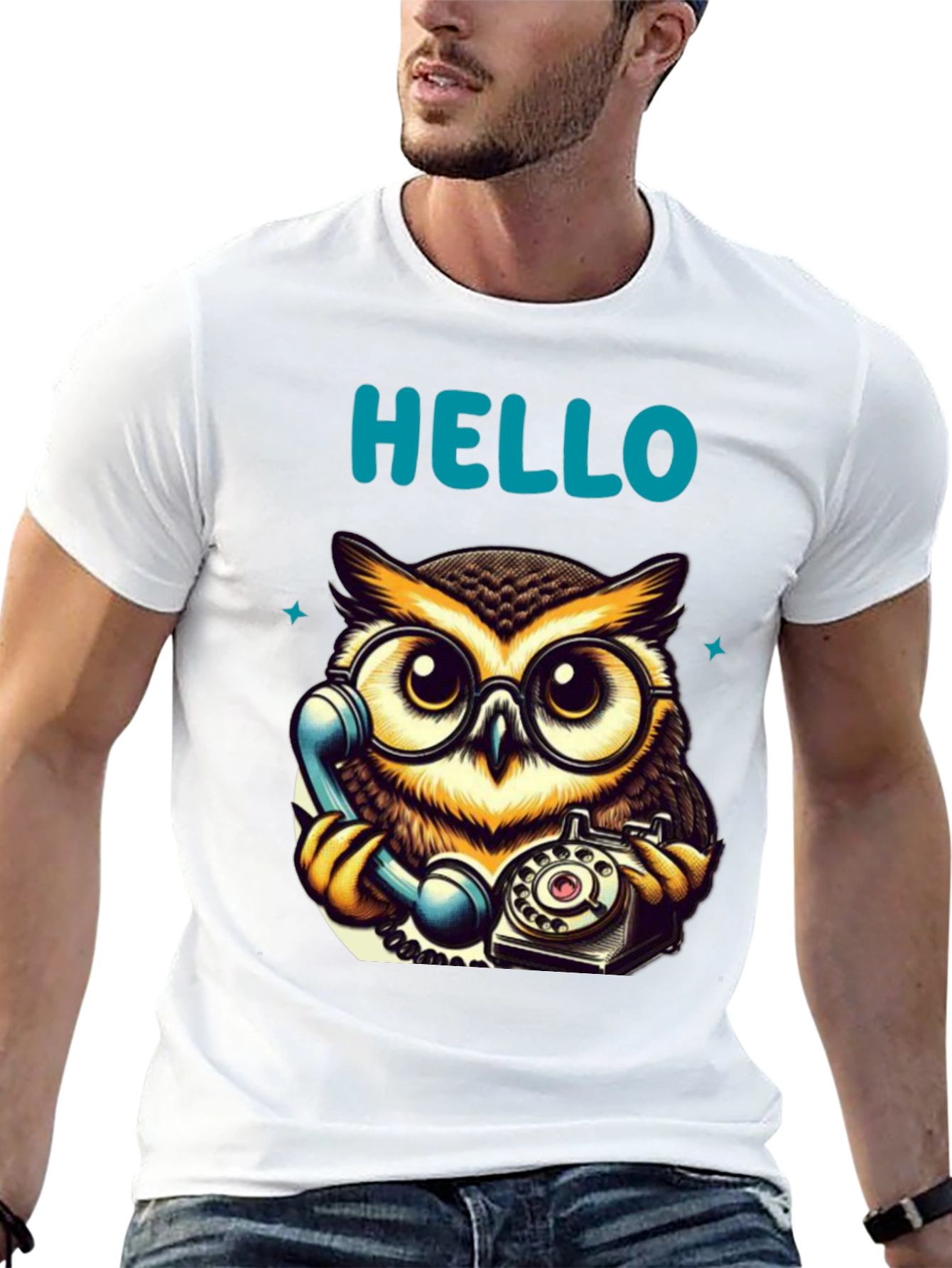 Owl On Phone Graphic Tee - Hello There!