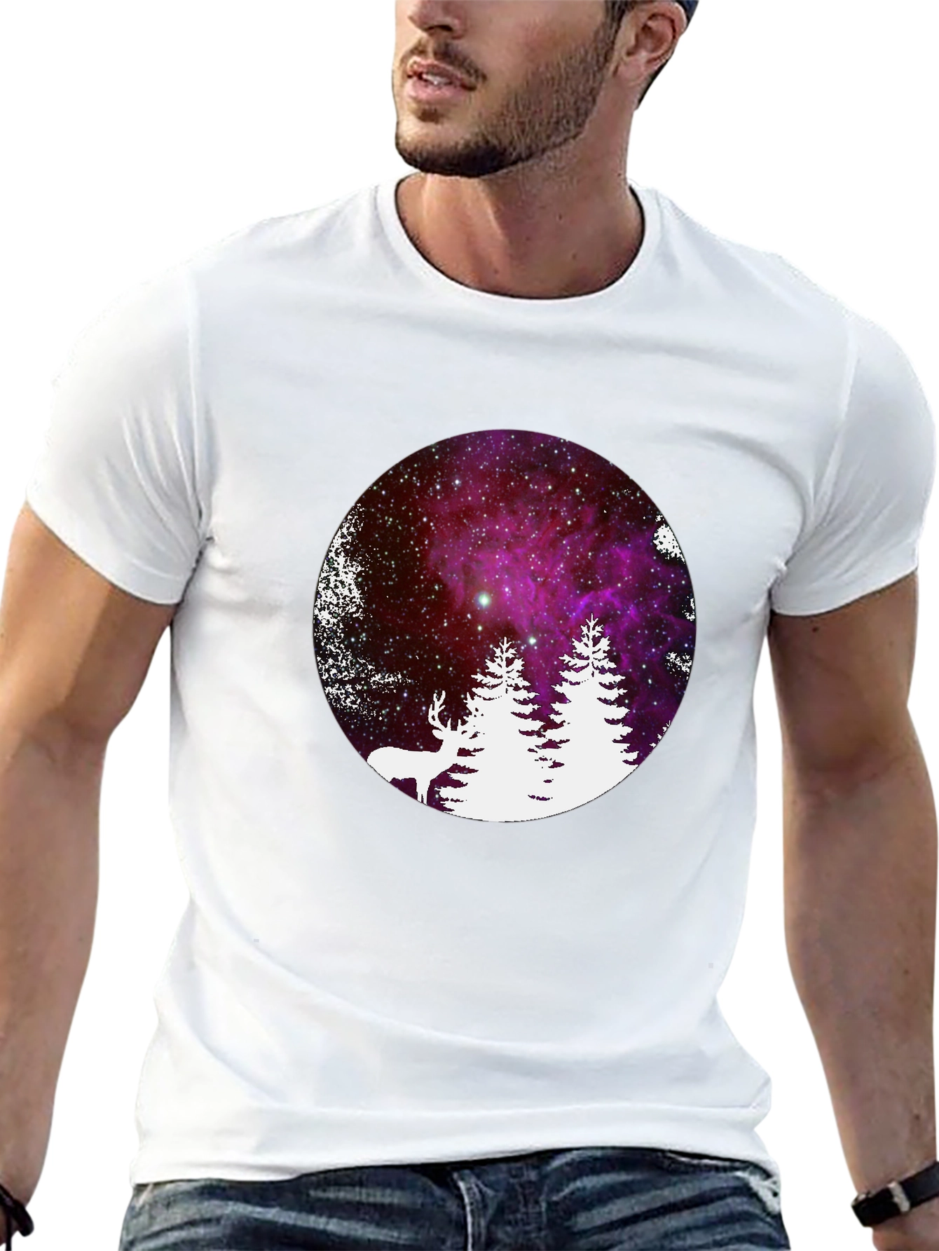 Galaxy Deer & Trees Black T-Shirt