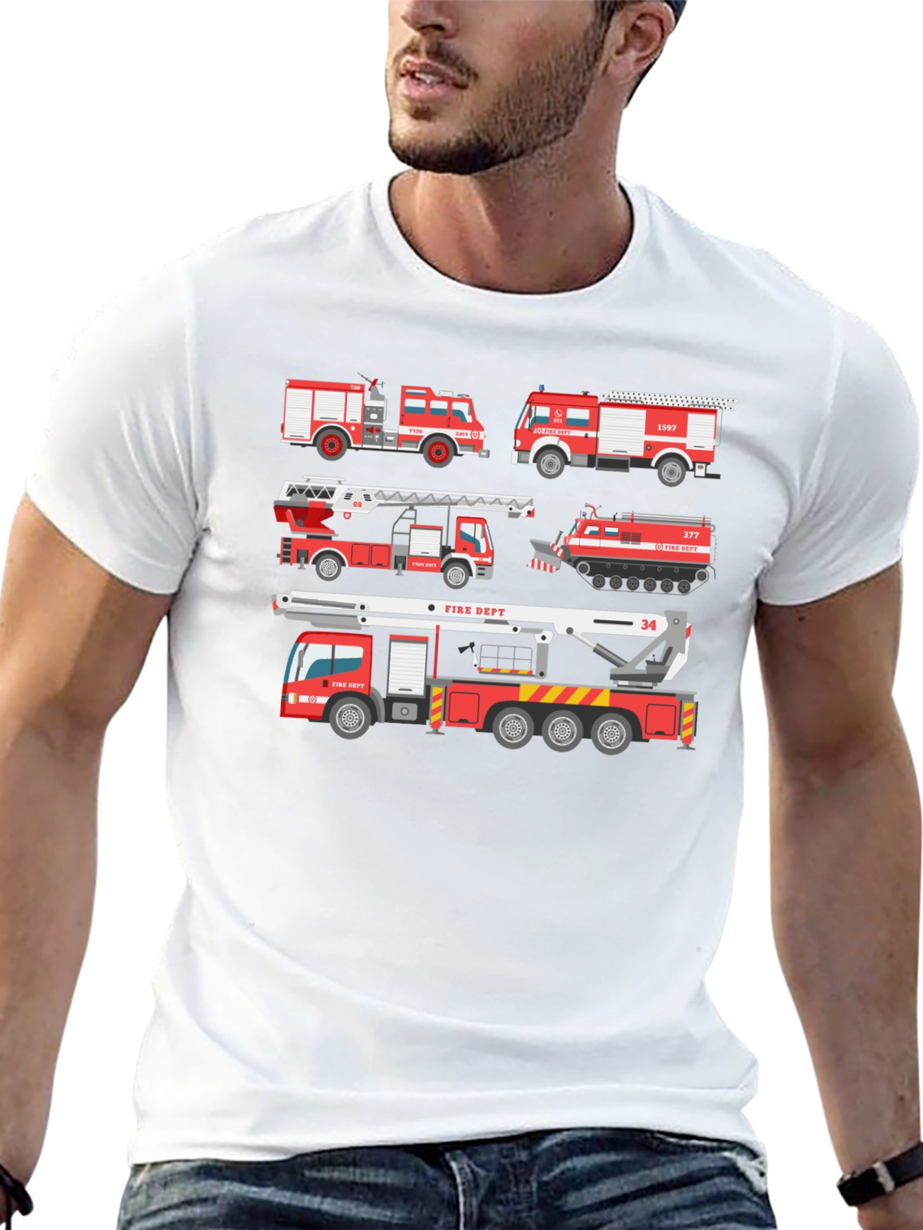 Fire Trucks Graphic Tee - Novelty Firefighter T-Shirt