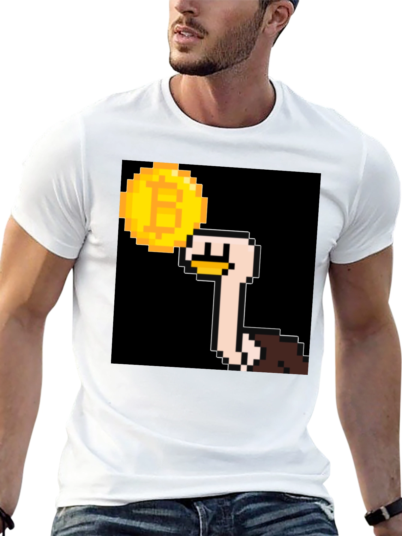 Ostrich Bitcoin Pixel Art Black T-Shirt