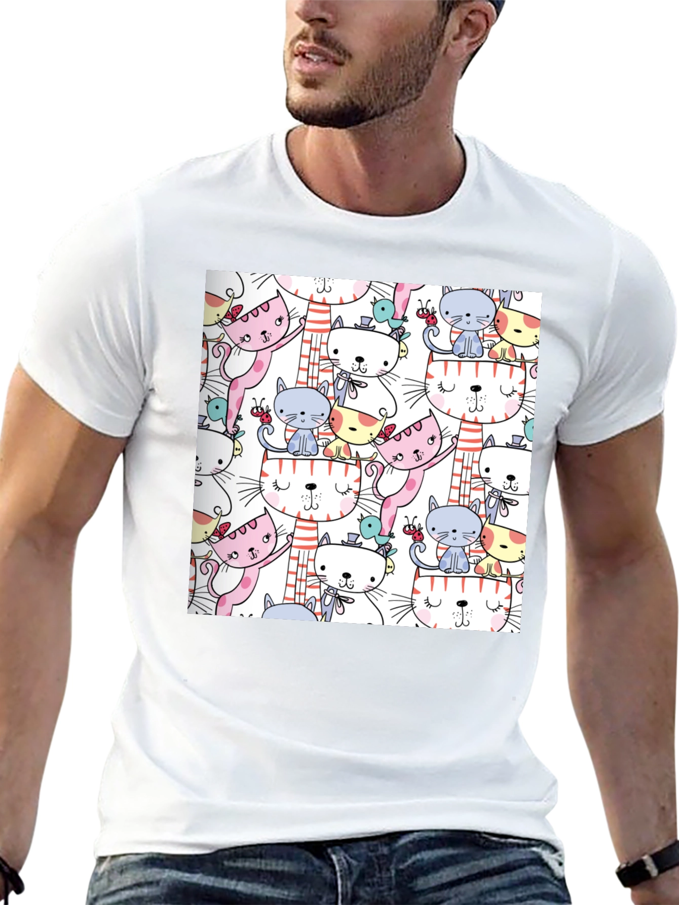 Cute Cat Pattern T-Shirt Fun Graphic Tee