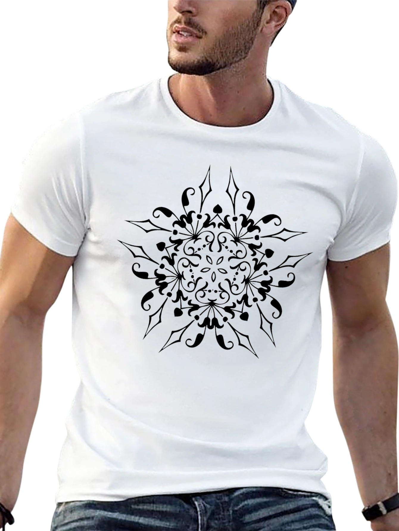 Mens Black T-Shirt with Star Mandala Graphic