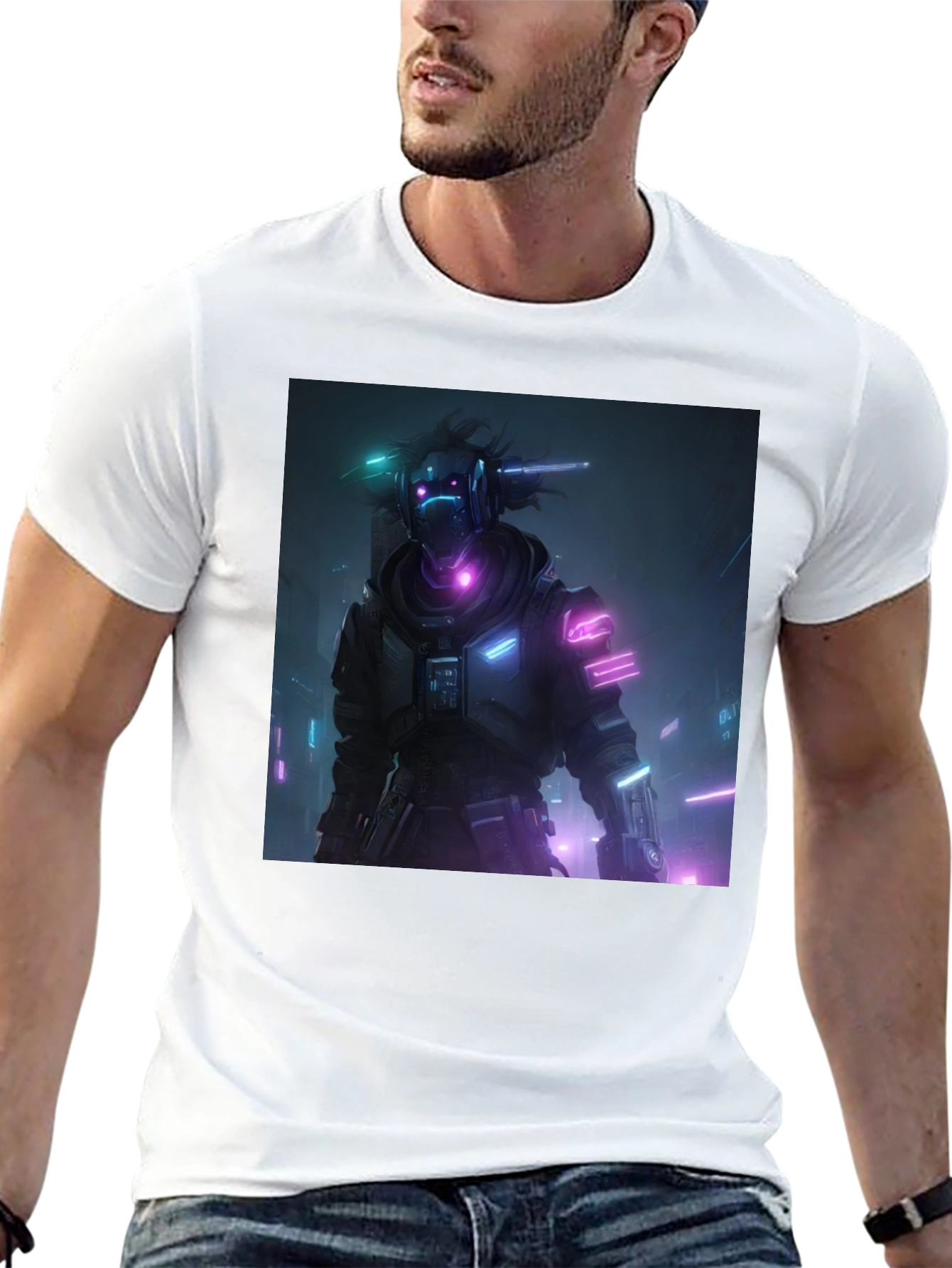 Cyberpunk Neon Character Black T-Shirt