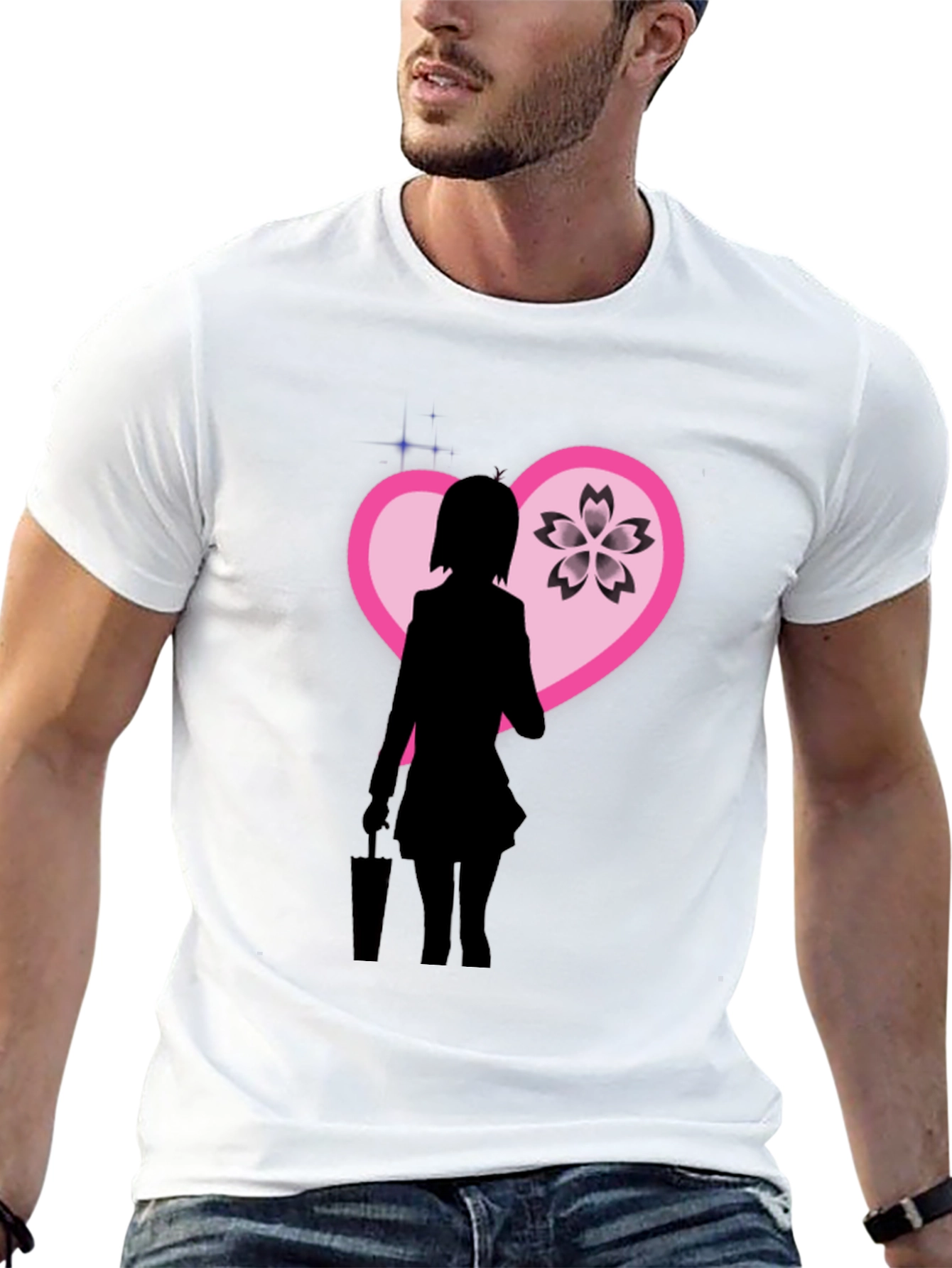 Anime Girl Sakura Heart Graphic Black T-Shirt