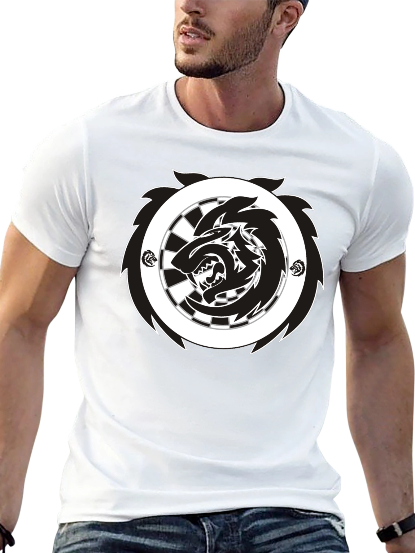 Black T-Shirt with Wolf Dartboard Graphic