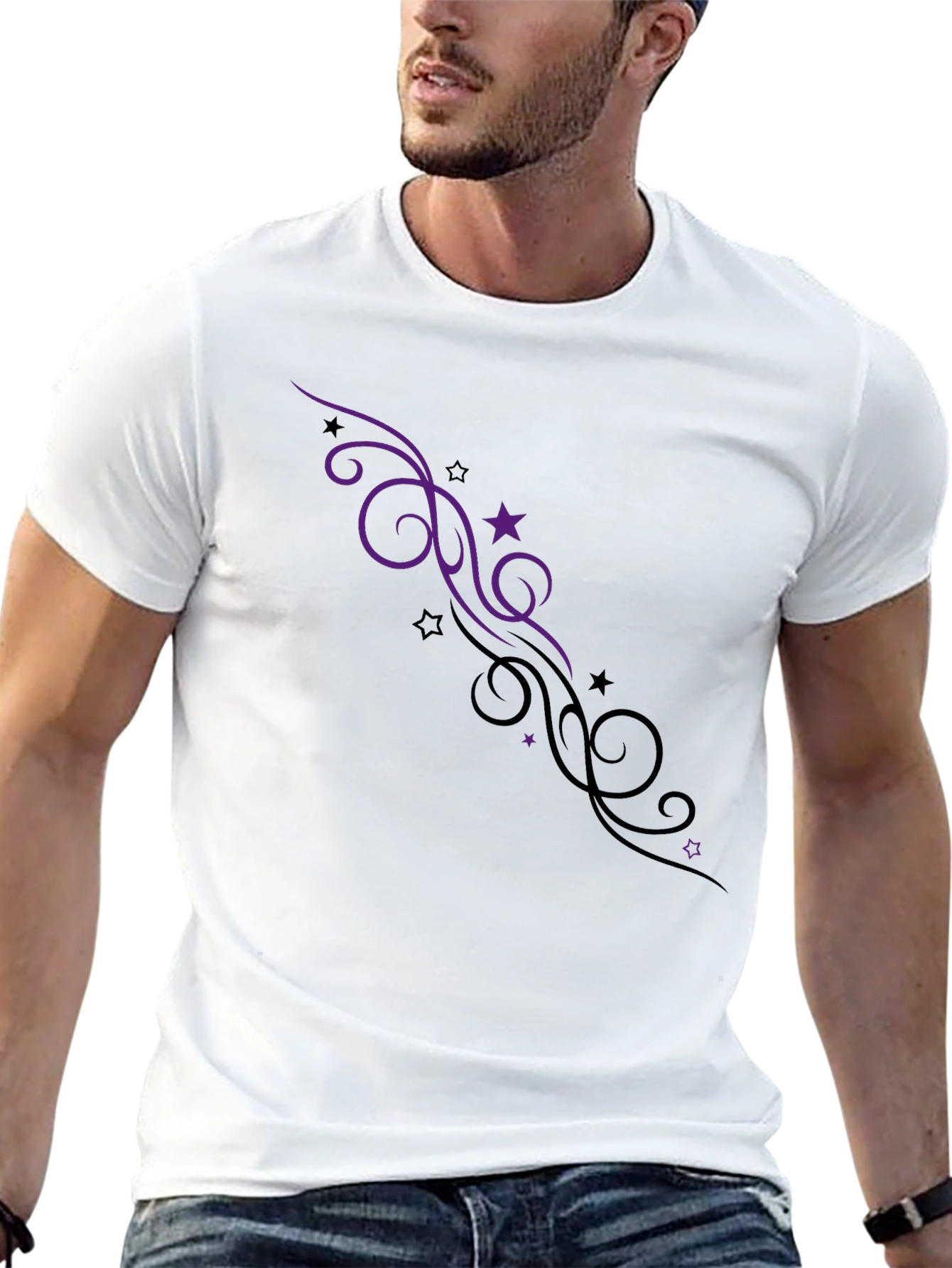 Elegant Black Tee with Swirl & Star Design