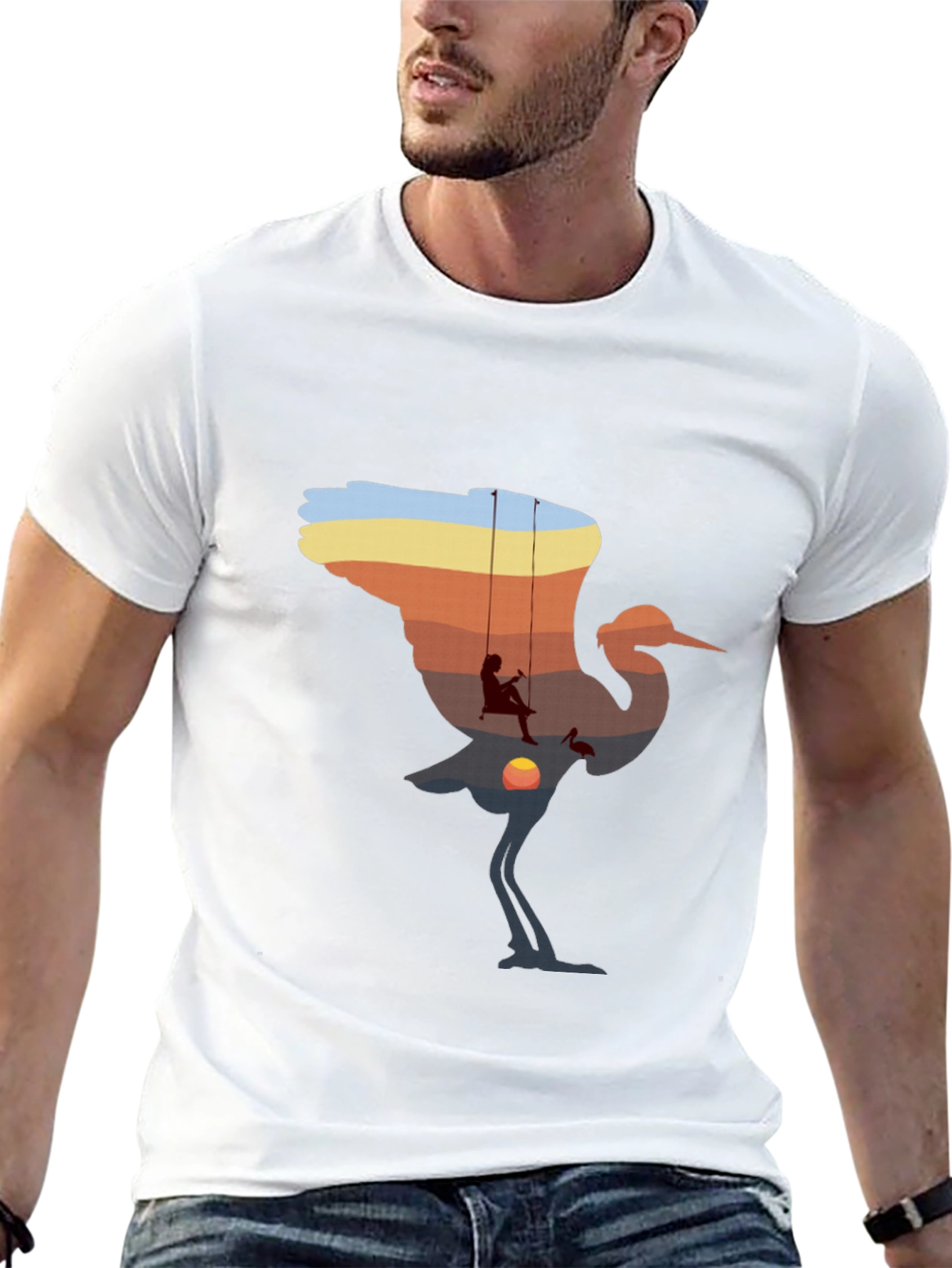 Sunset Crane Silhouette Graphic T-Shirt