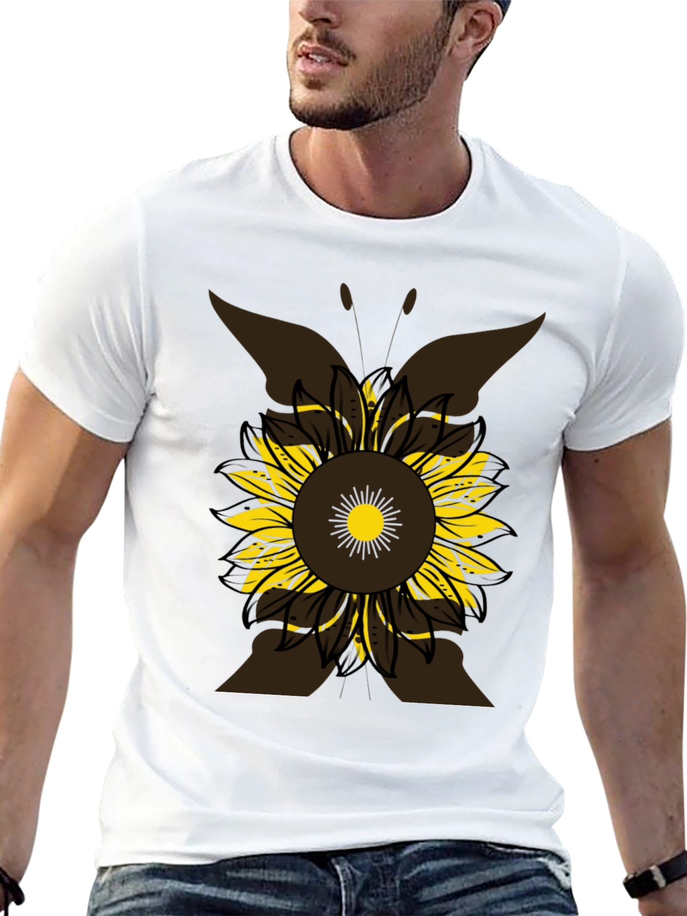 Sunflower Butterfly Graphic Tee - Casual Black T-Shirt