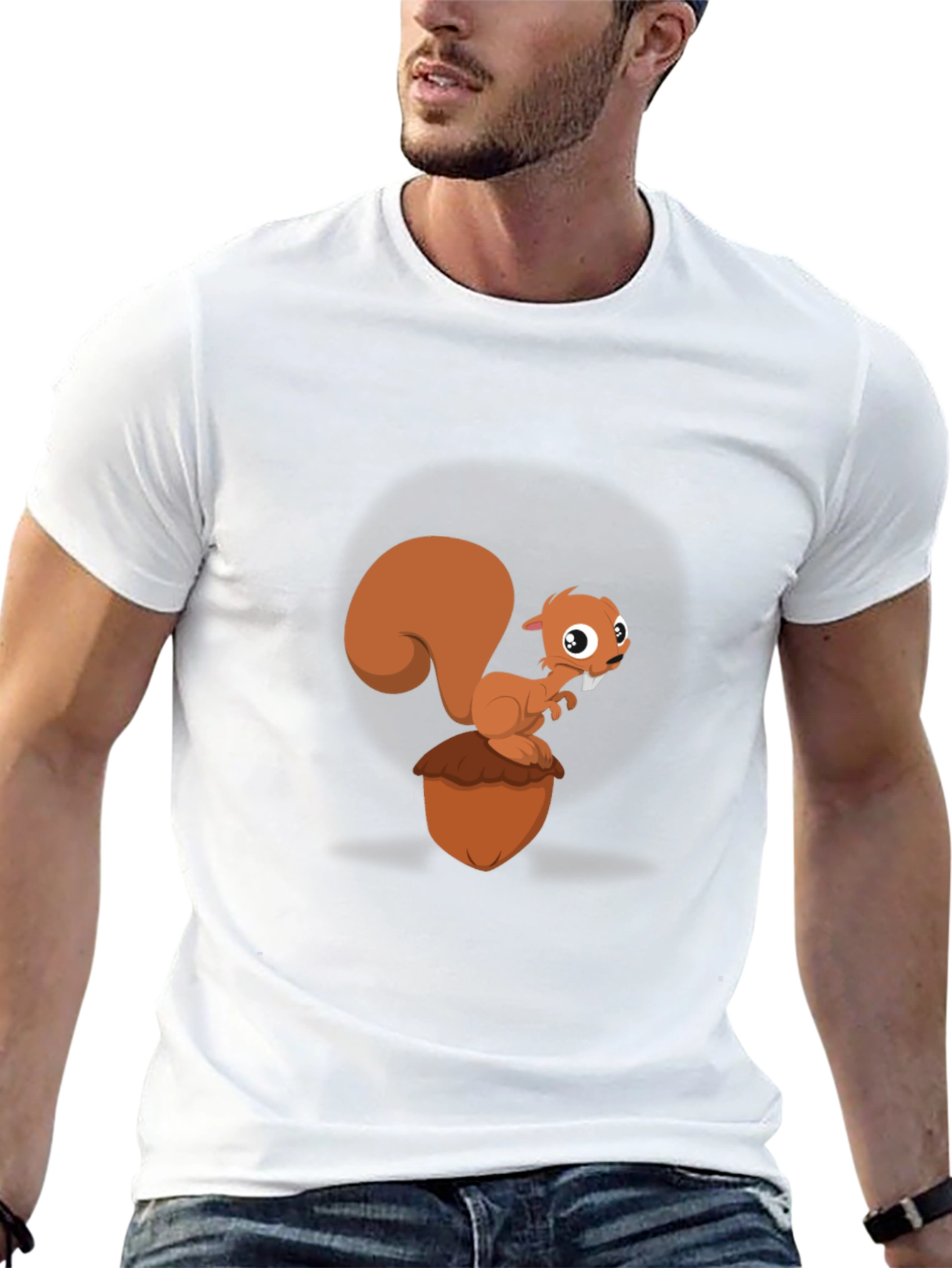 Cartoon Squirrel & Acorn Black T-Shirt
