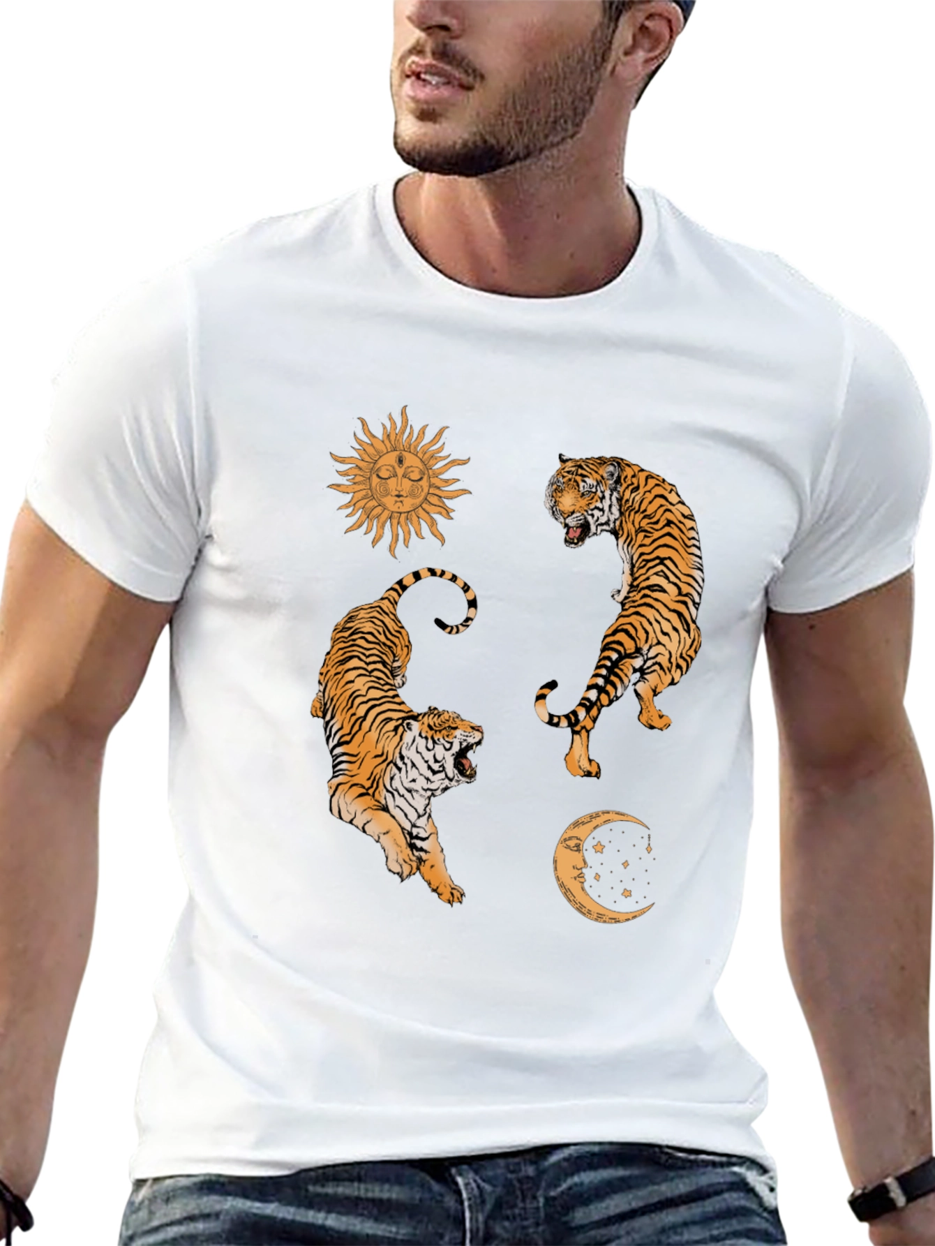 Celestial Tiger Graphic Tee - Sun & Moon Design
