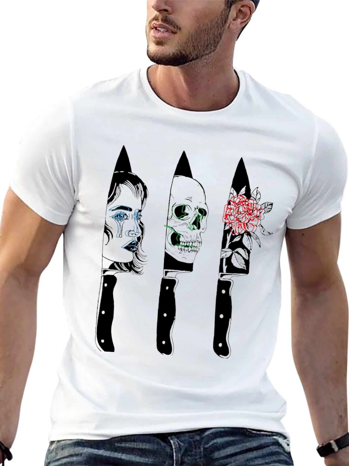 Tattooed Mans Graphic Knife Design T-Shirt