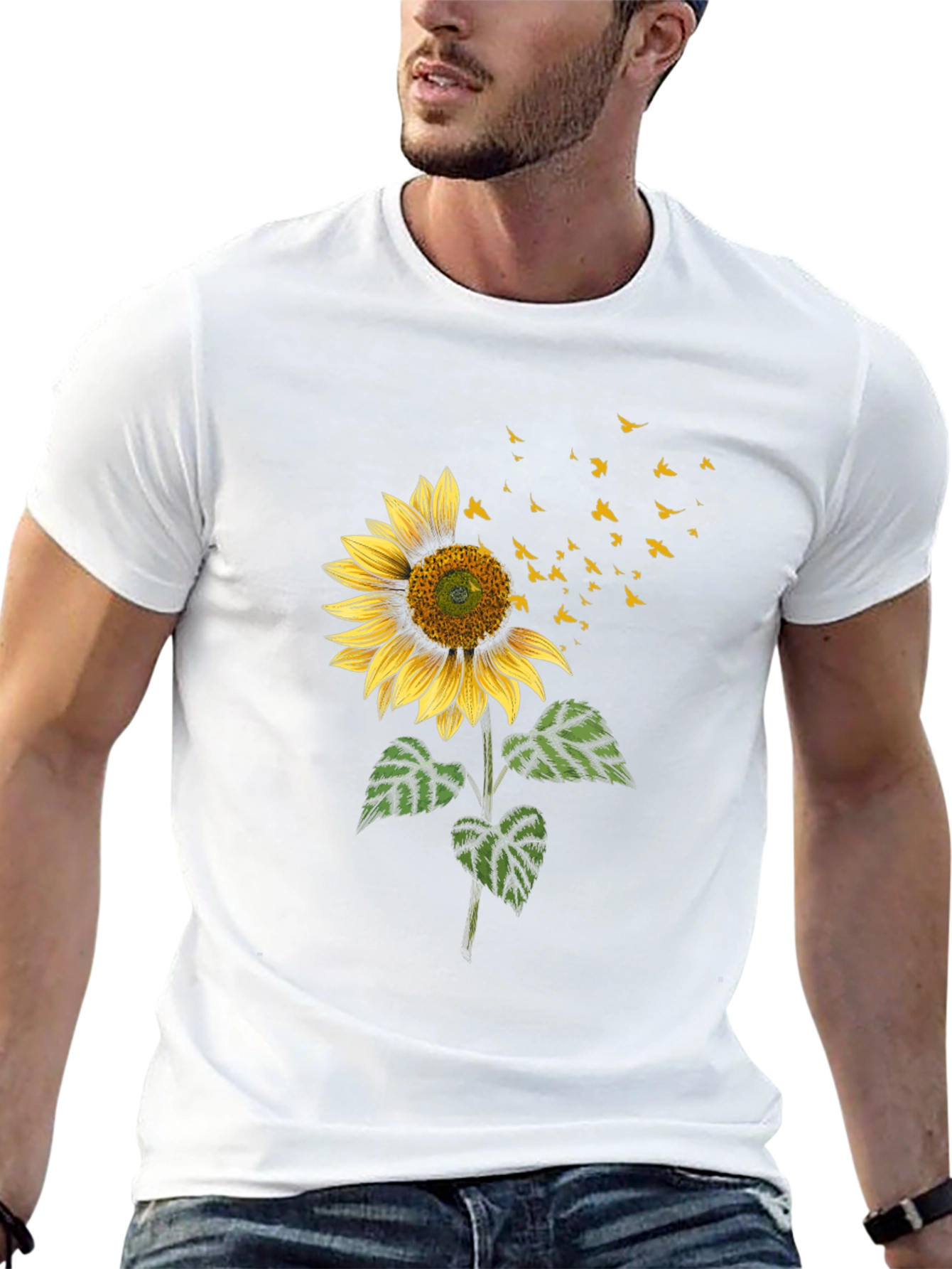 Sunflower & Birds Graphic Black T-Shirt