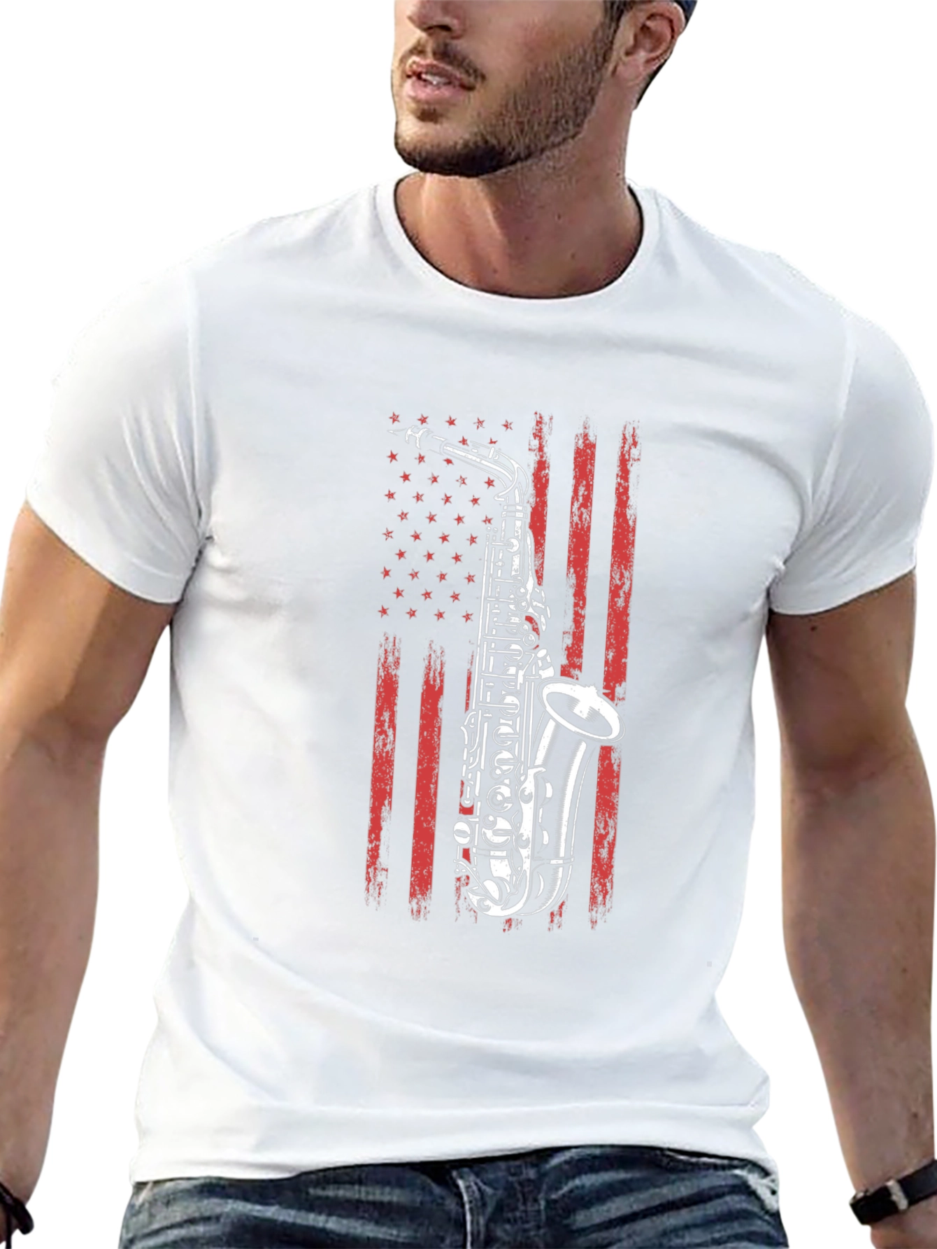 Saxophone USA Flag Graphic Print Black T-Shirt