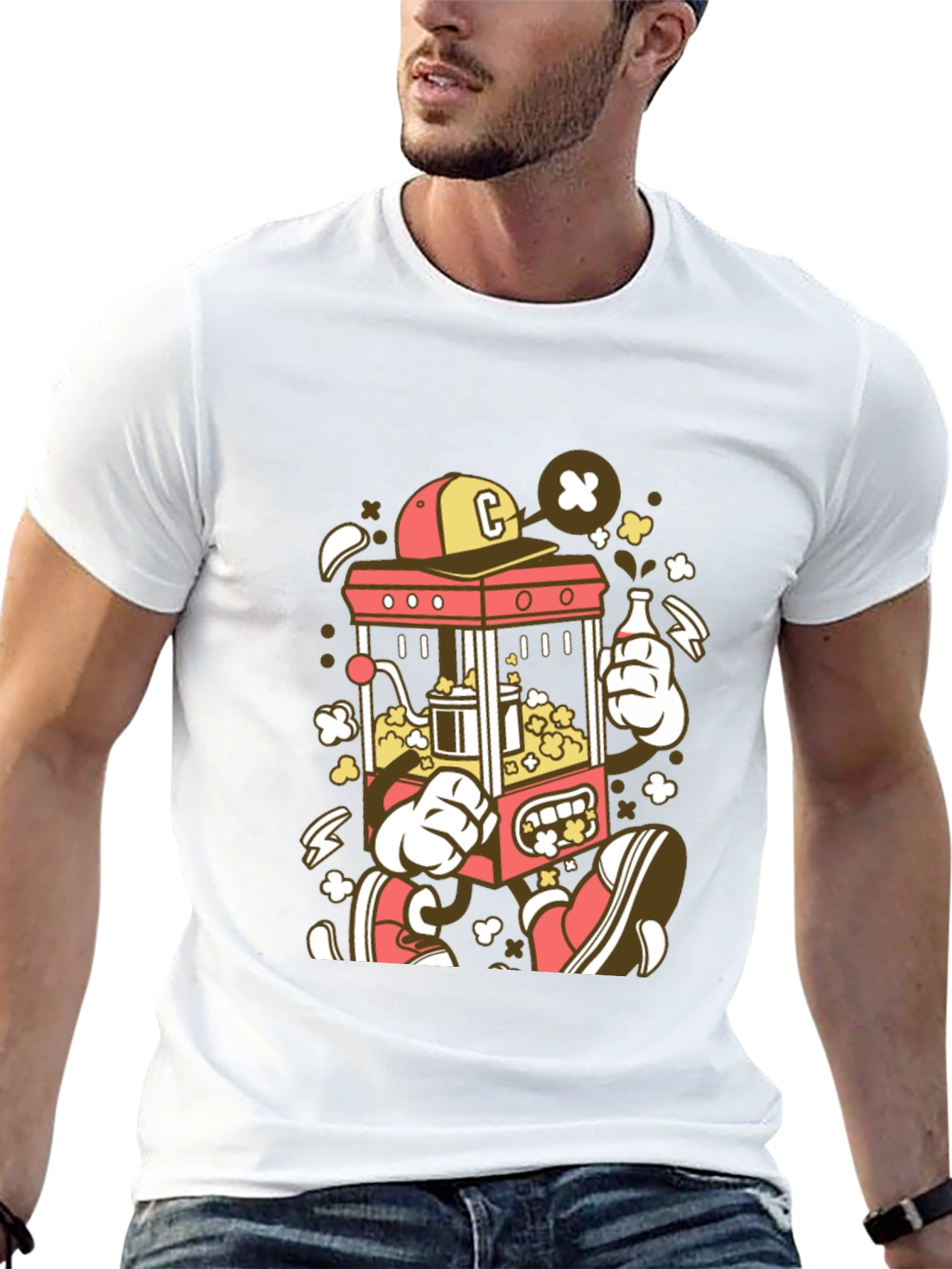Cartoon Popcorn Machine Graphic T-Shirt