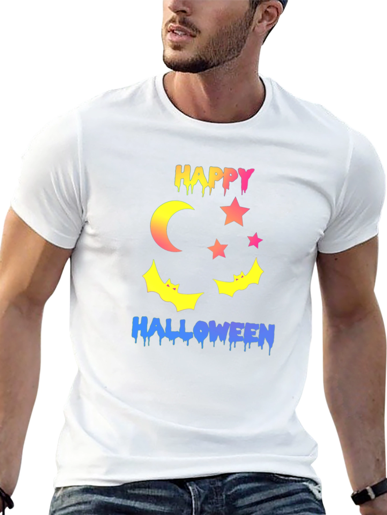 Happy Halloween T-Shirt - Moon Stars and Bats Design