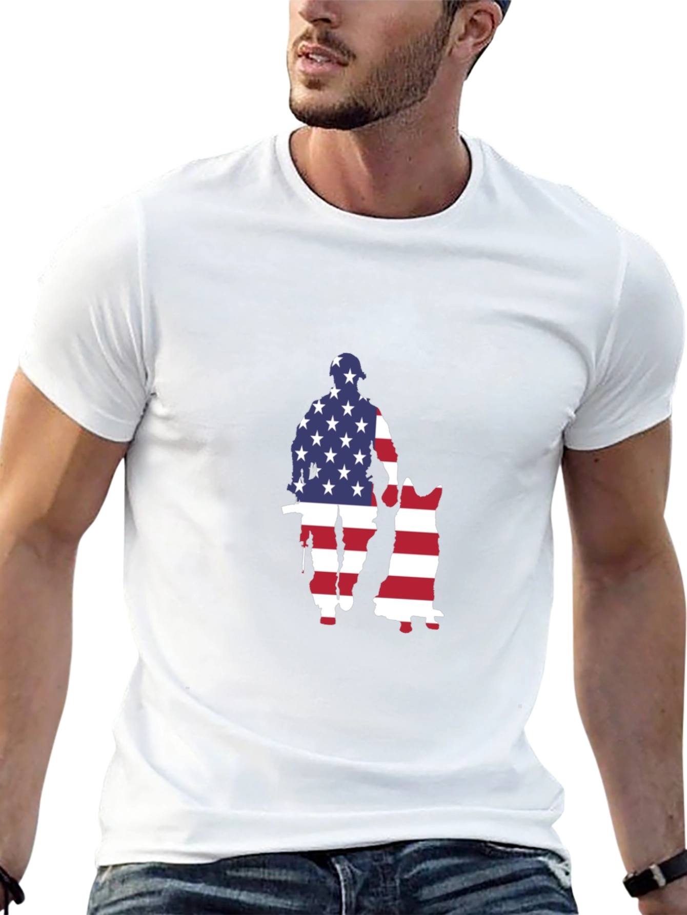 Patriotic US Flag Soldier & Dog Graphic T-Shirt