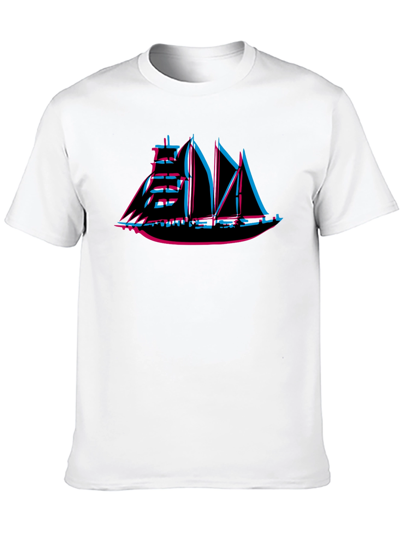 Retro 3D Sailing Ship Graphic Tee - Black