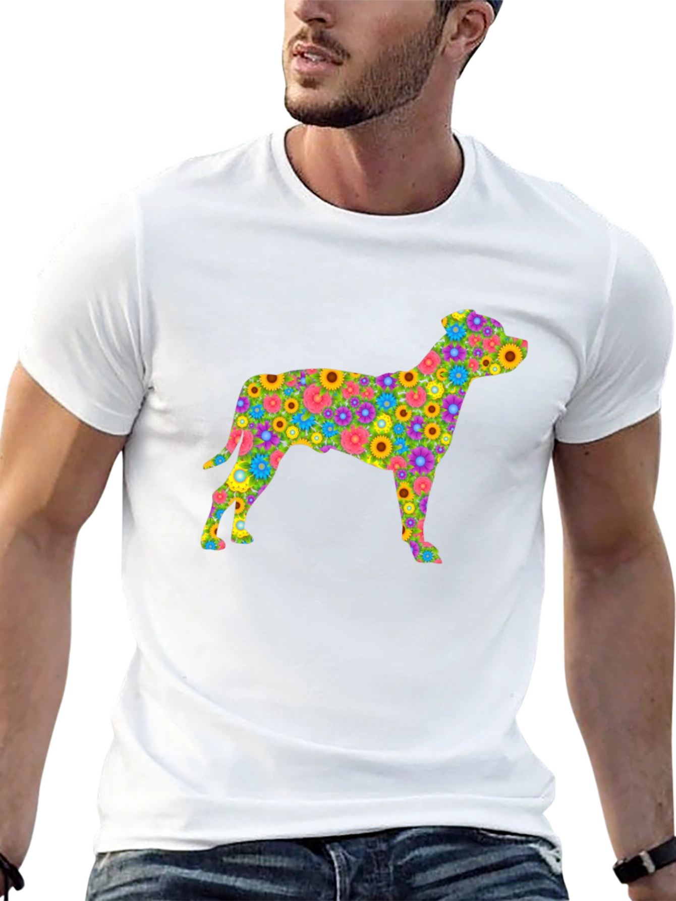 Floral Dog Silhouette T-Shirt - Black