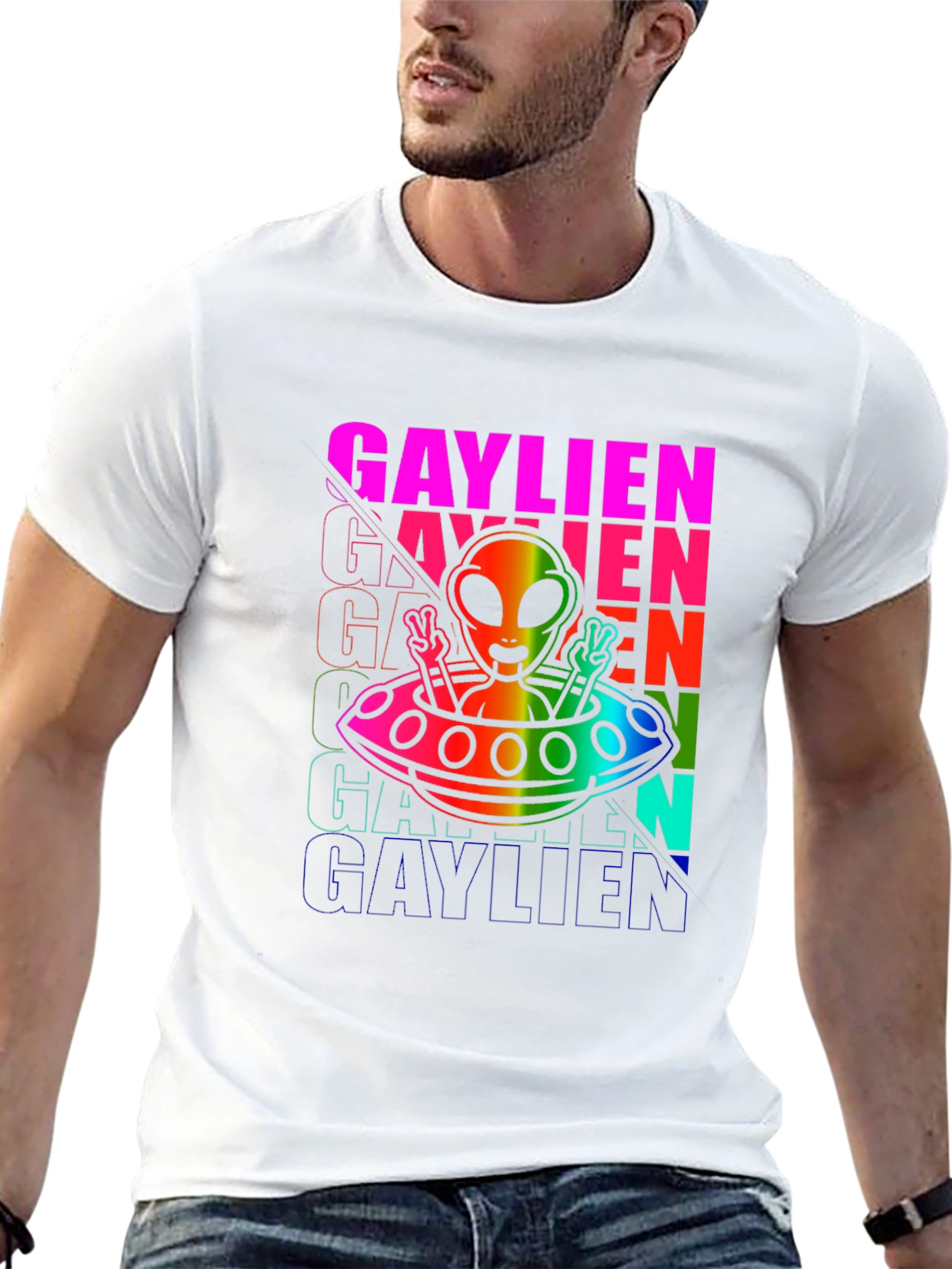 Gaylien Pride T-Shirt - Rainbow Alien UFO Design