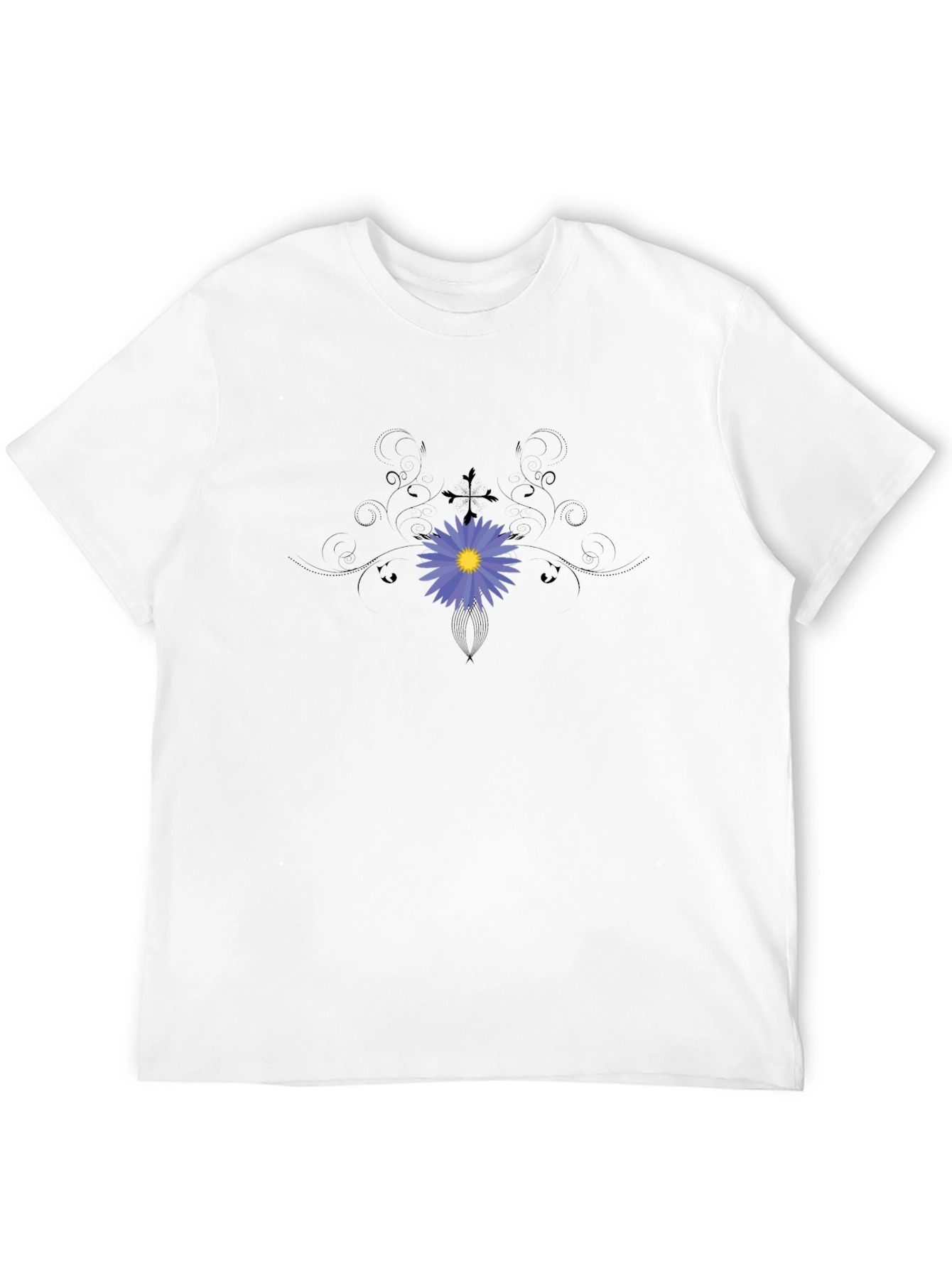 Black T-Shirt with Blue Flower Graphic