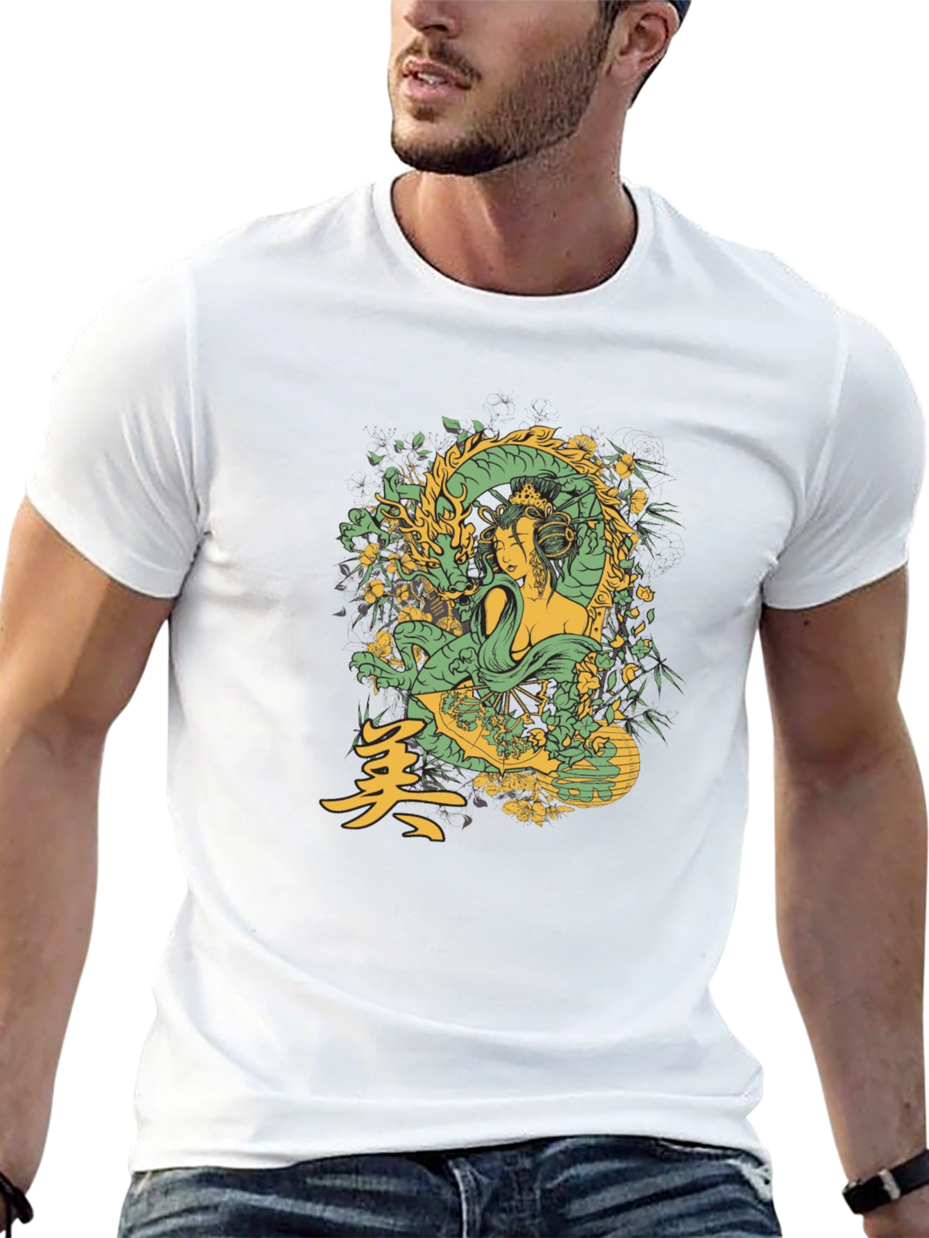 Geisha Dragon Graphic Tee - Black Cotton T-Shirt