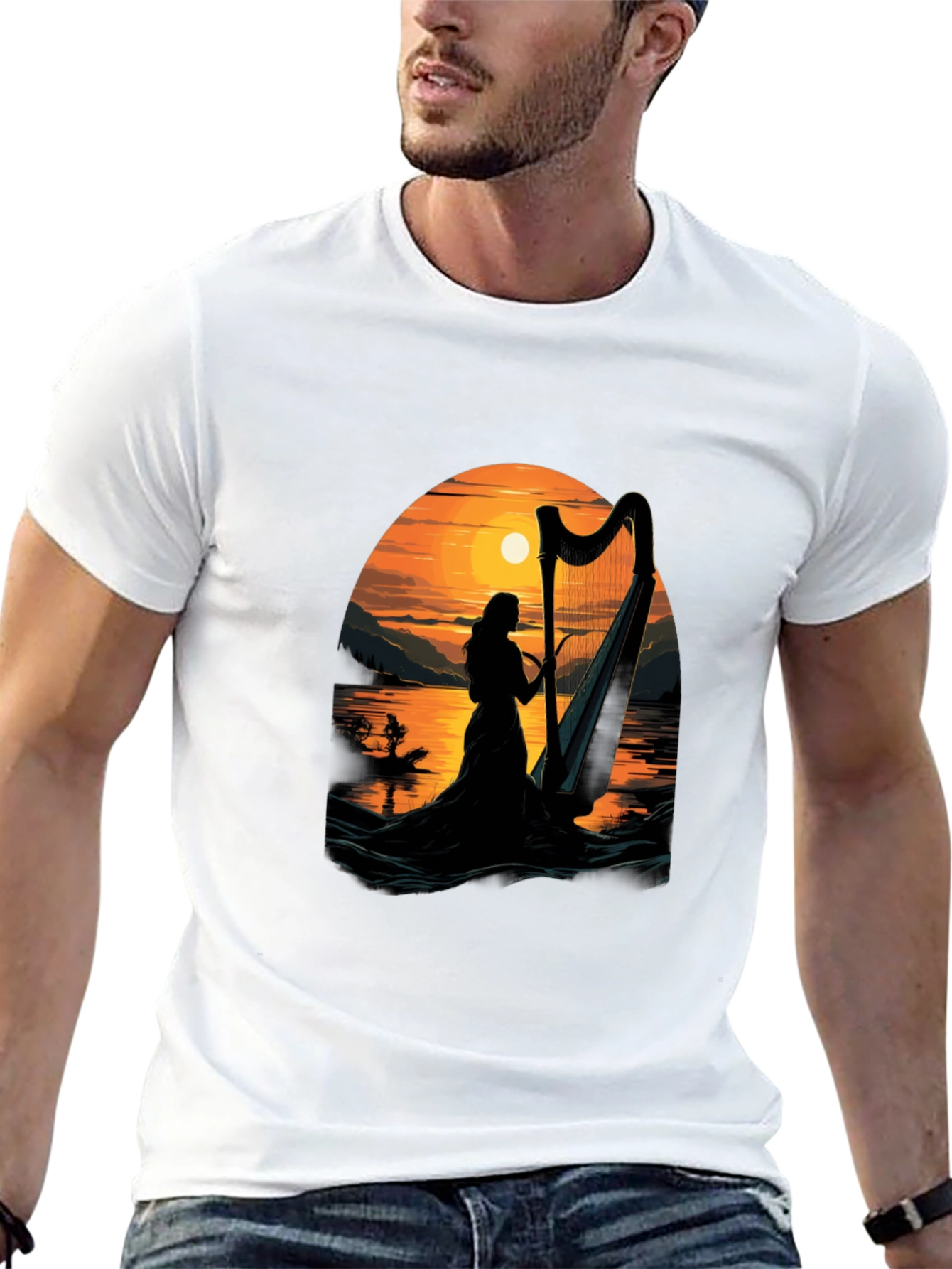 Harp Sunset T-Shirt - Musical Silhouette Tee