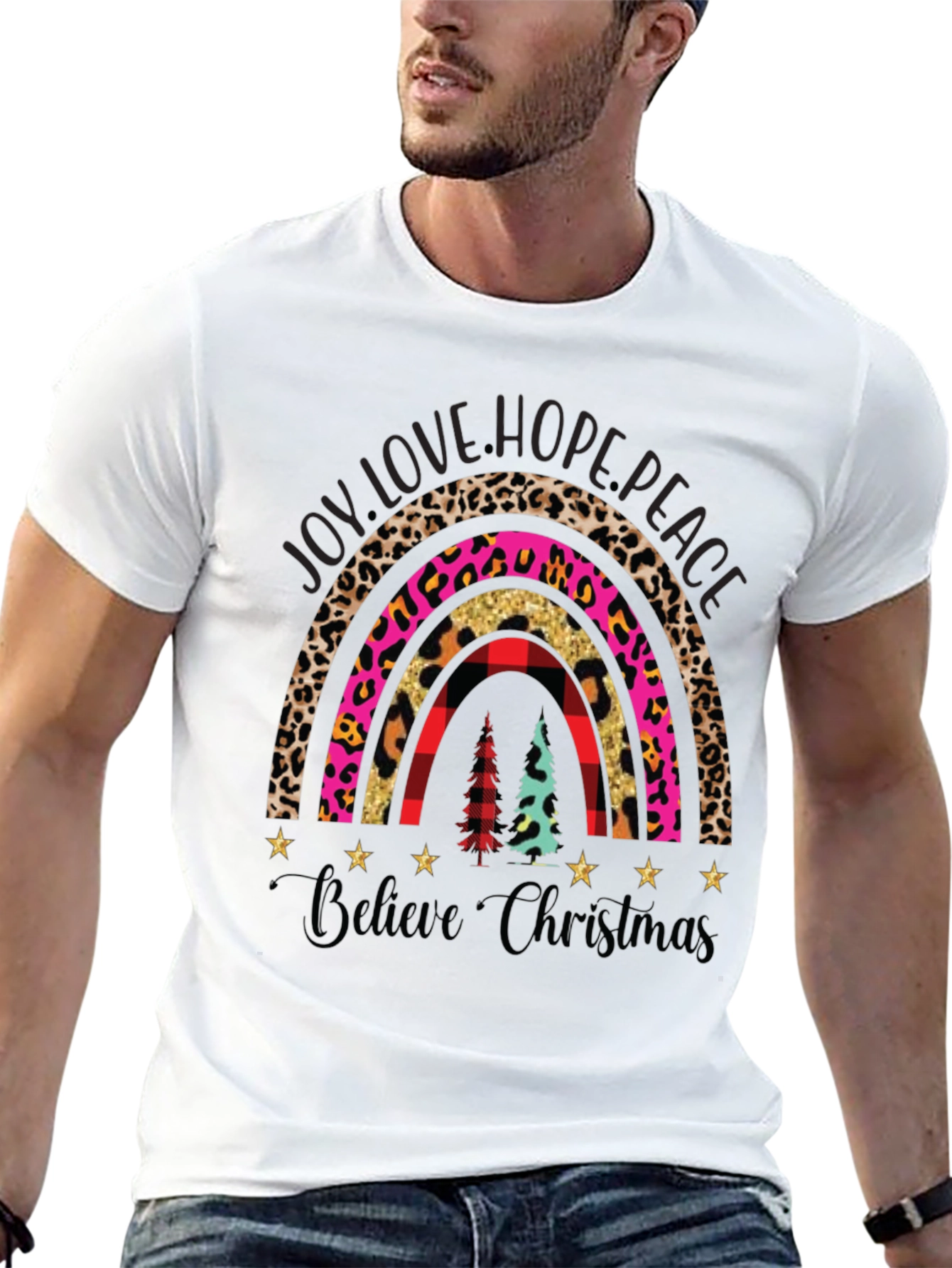 Believe Christmas Rainbow Graphic T-Shirt
