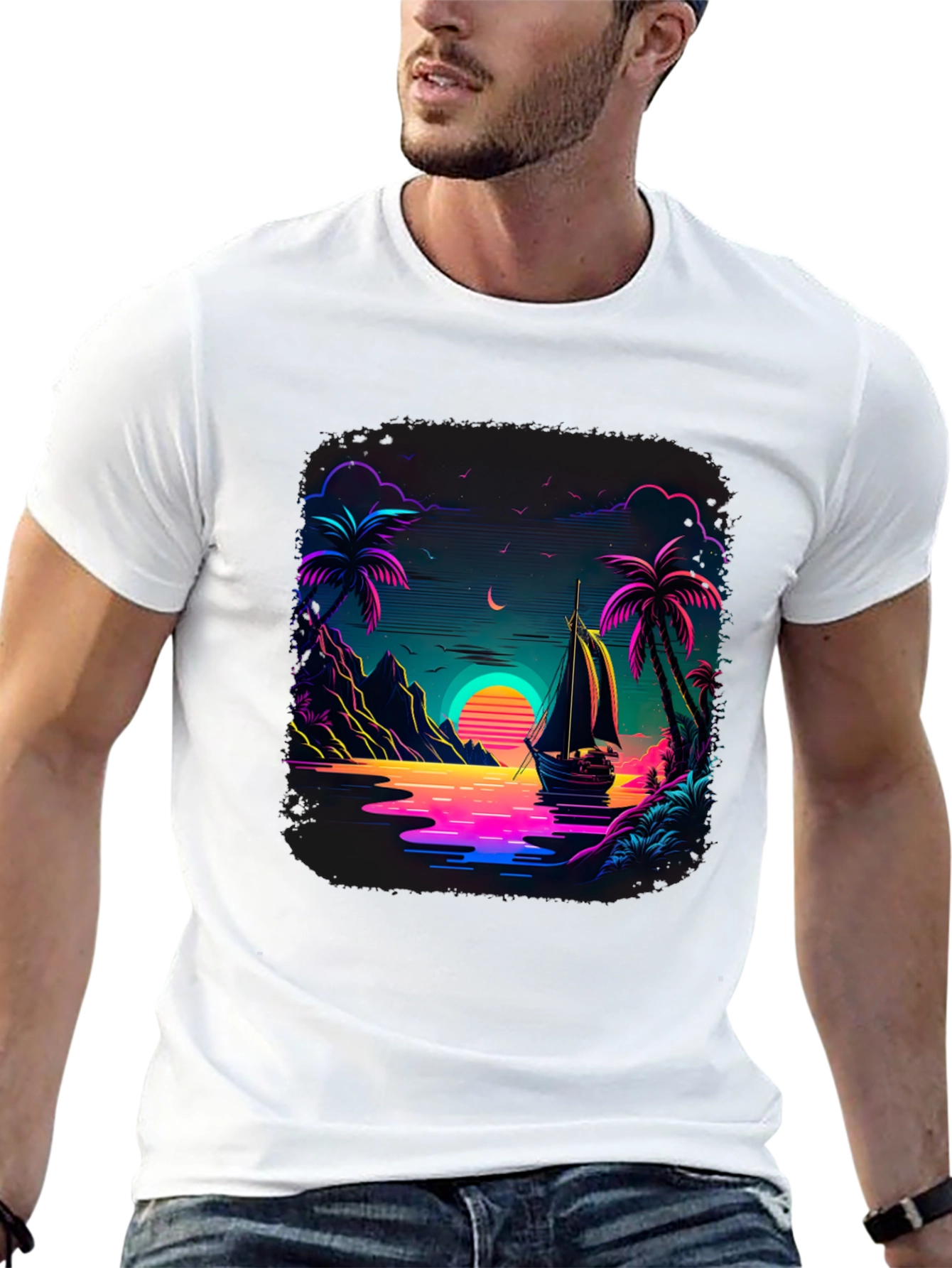 Neon Sunset Sailboat Graphic Tee