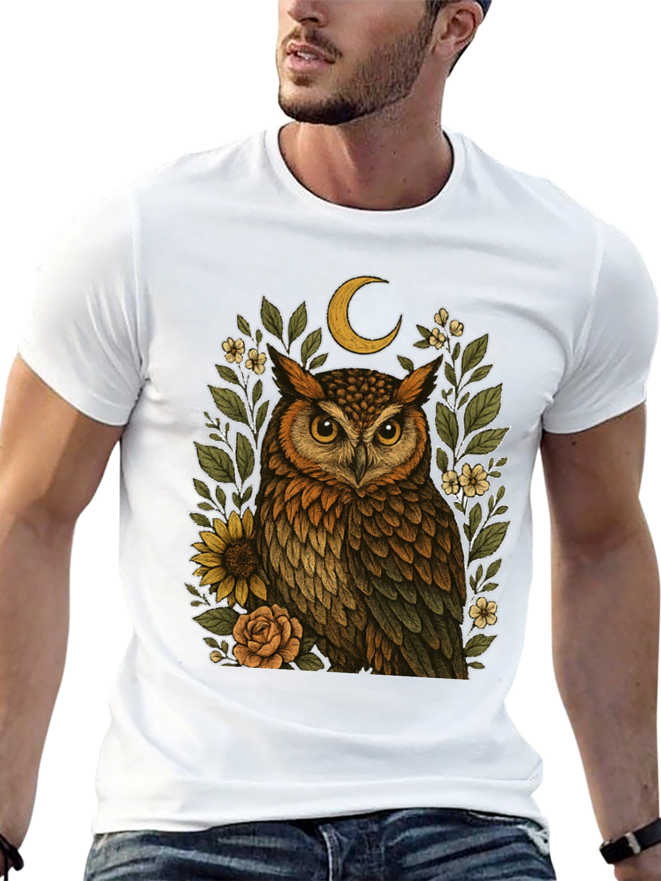 Owl & Crescent Moon Graphic Tee - Black