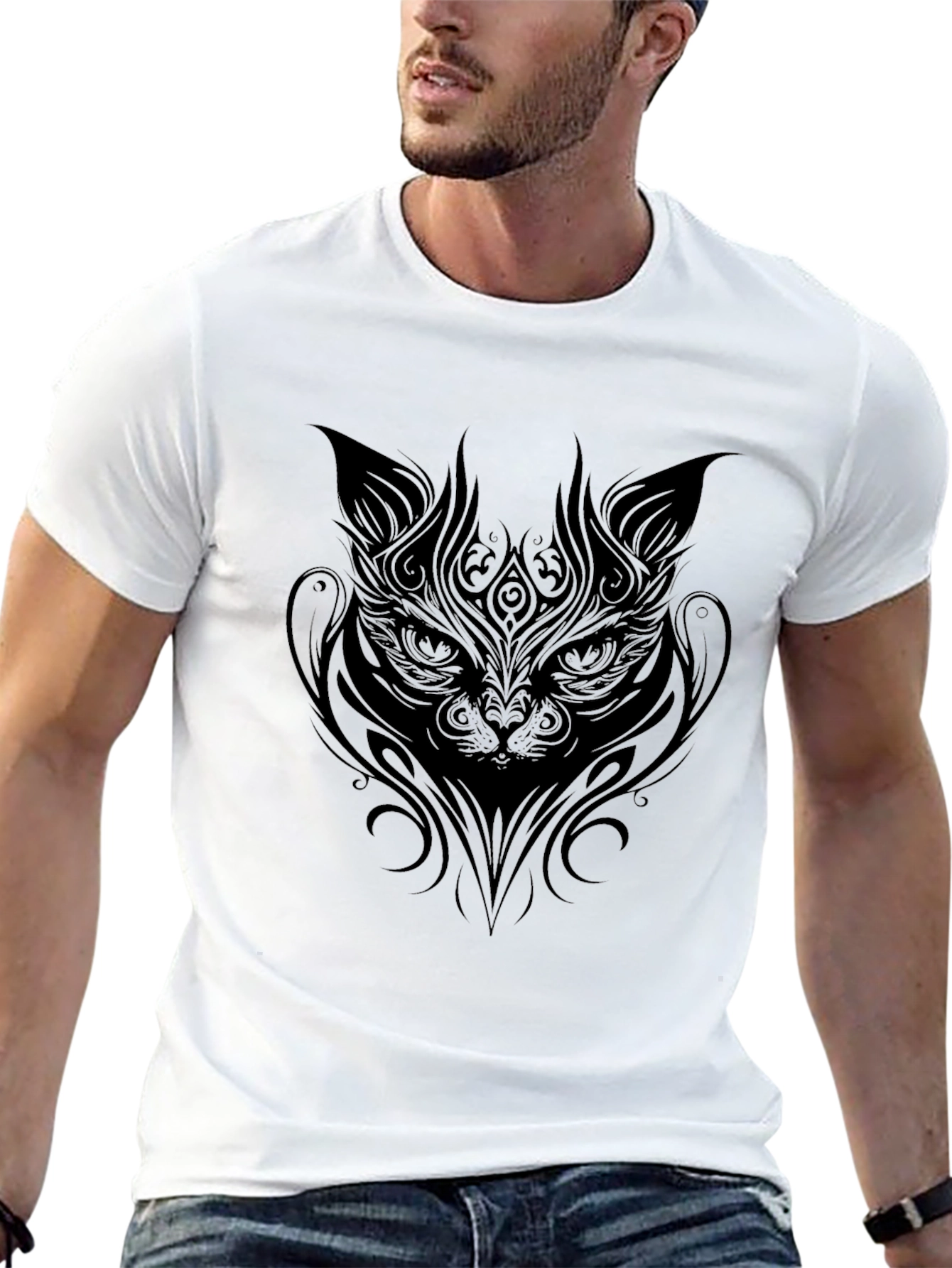 Tribal Cat Graphic Black T-Shirt