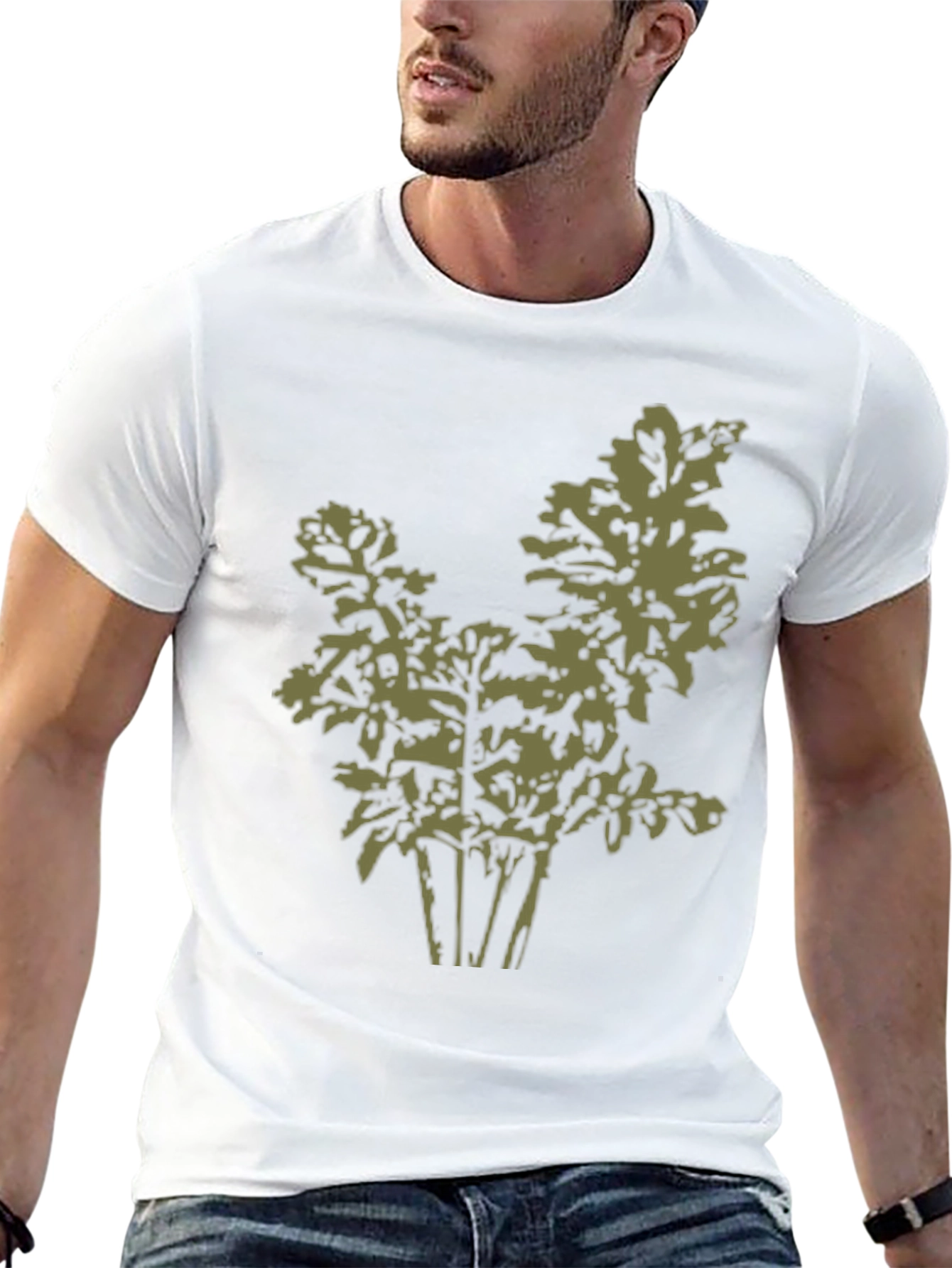Olive Green Leaf Print Black T-Shirt