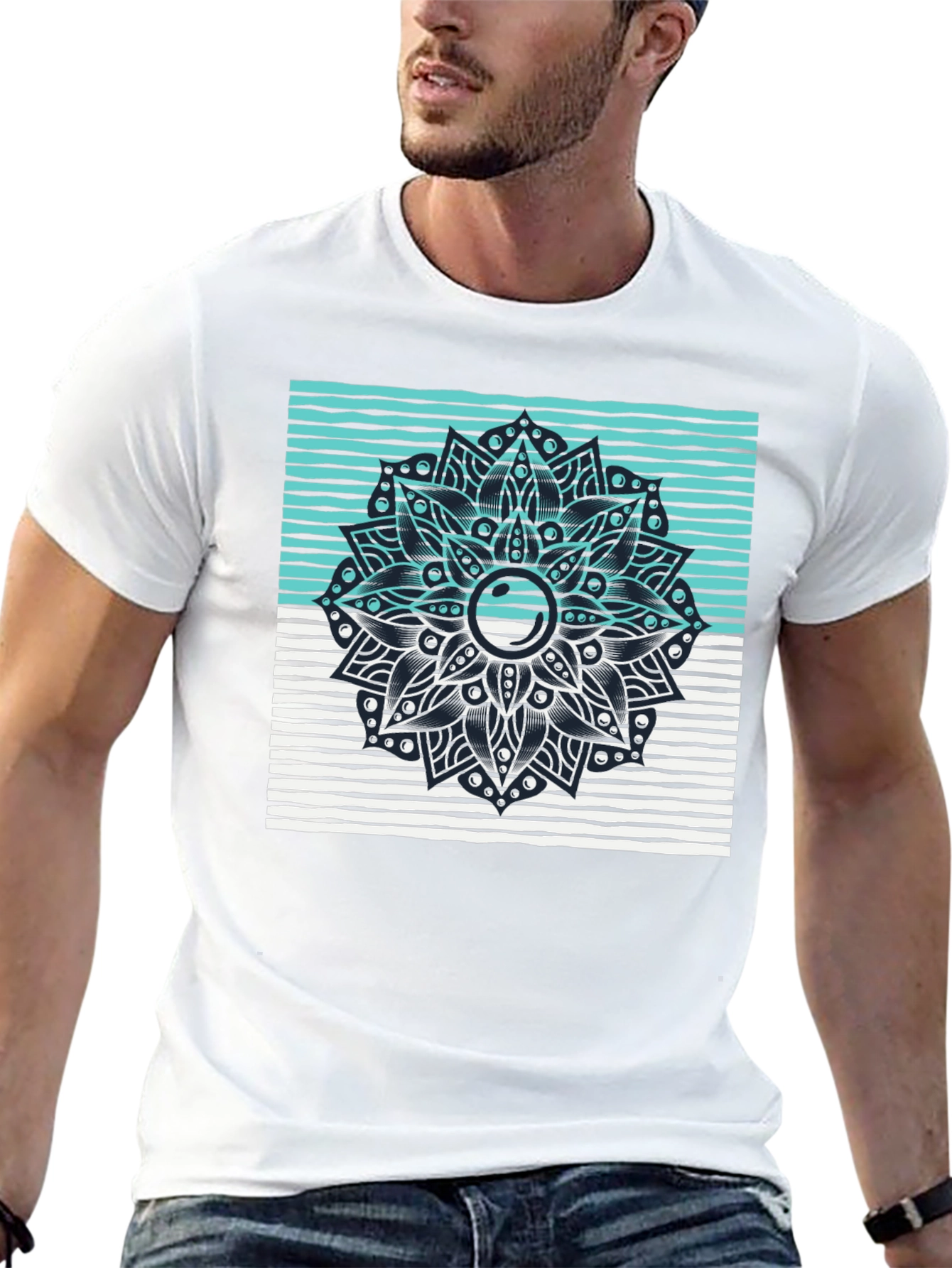 Black Graphic Tee with Geometric Mandala Design
