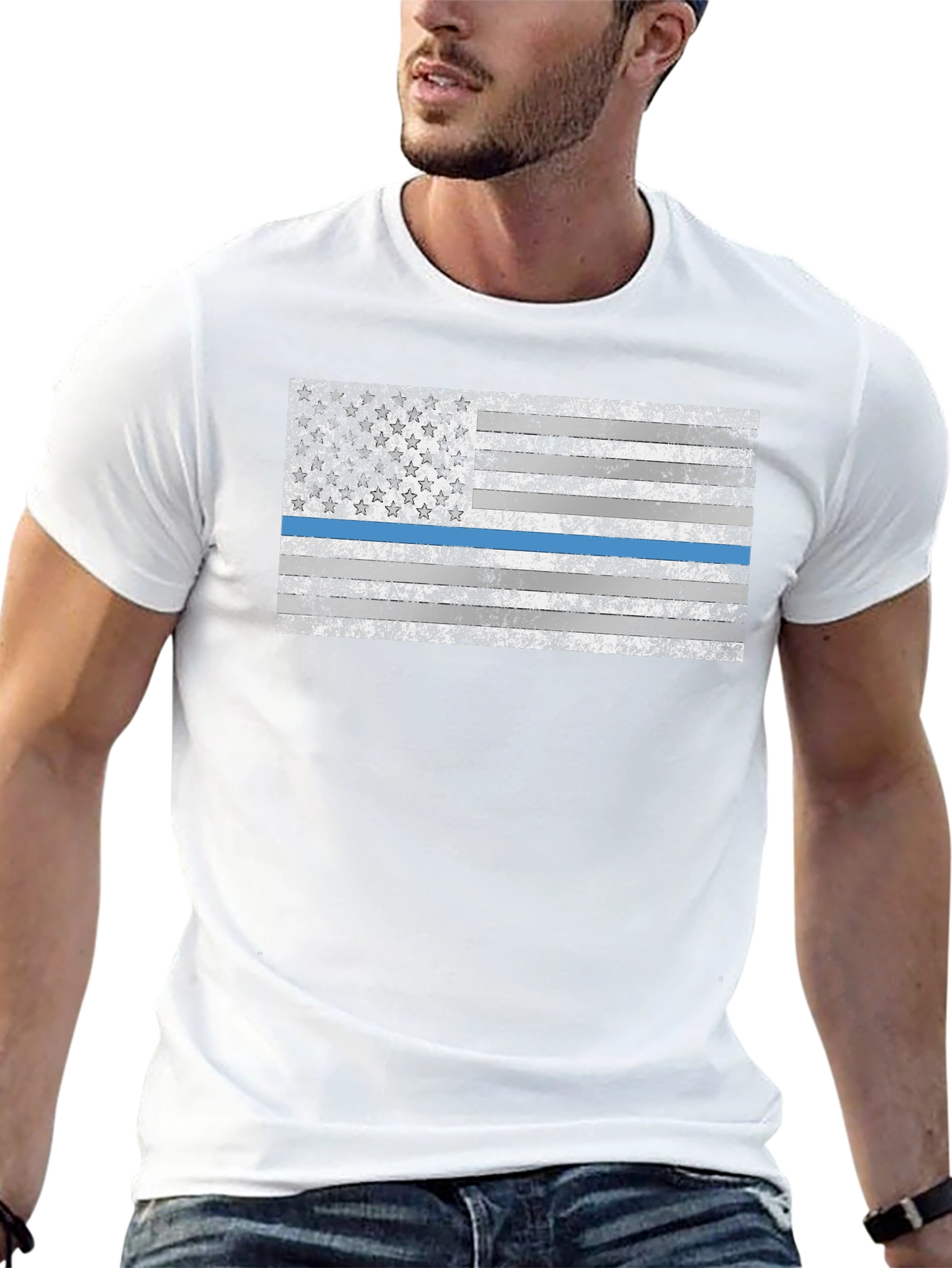 Distressed Thin Blue Line American Flag T-Shirt