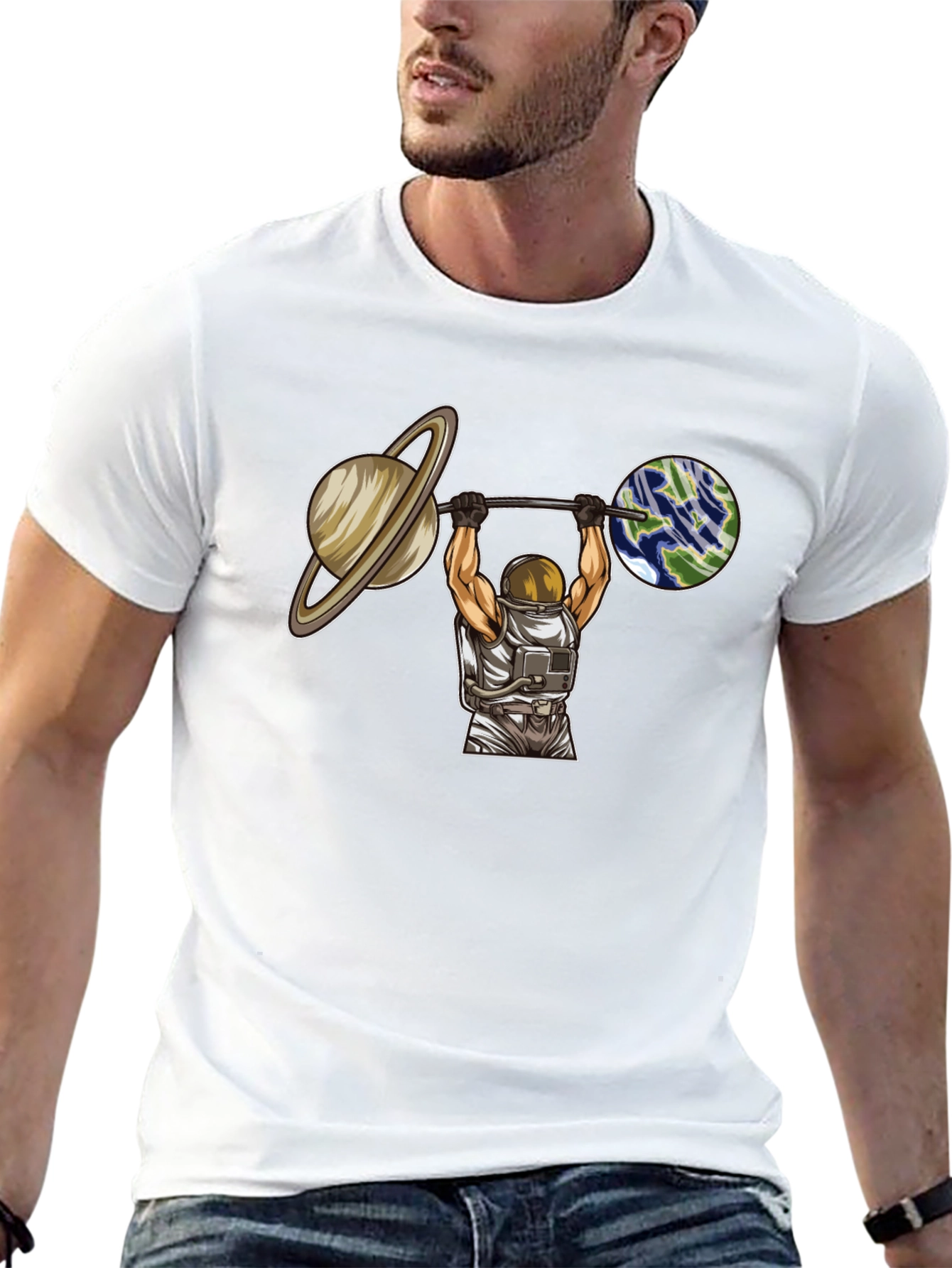 Astronaut Lifting Planets Graphic T-Shirt