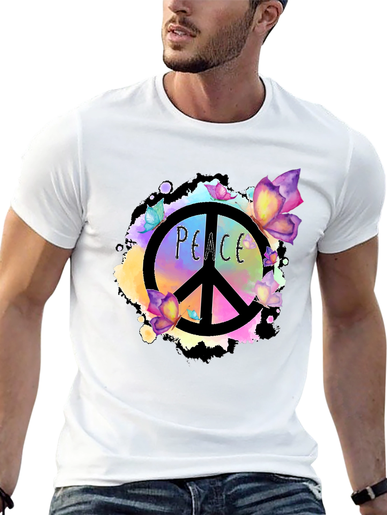 Peace Sign Butterfly Graphic Black T-Shirt